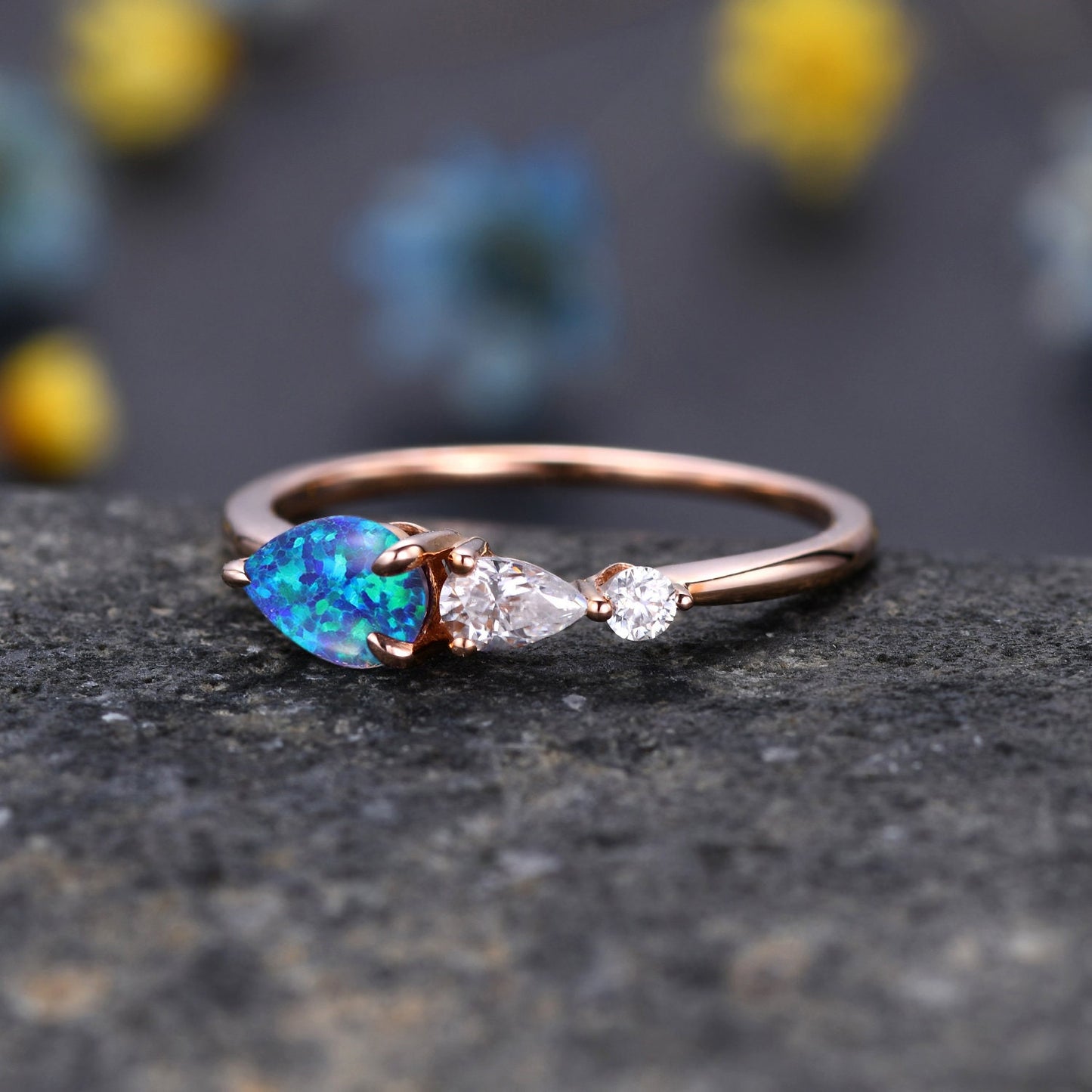 Vintage Black Opal Ring Engagement Ring,Pear Cut Gems,Art Deco Moissanite Wedding Band,3 Stone Unique Women Bridal Promise Ring,Rose gold