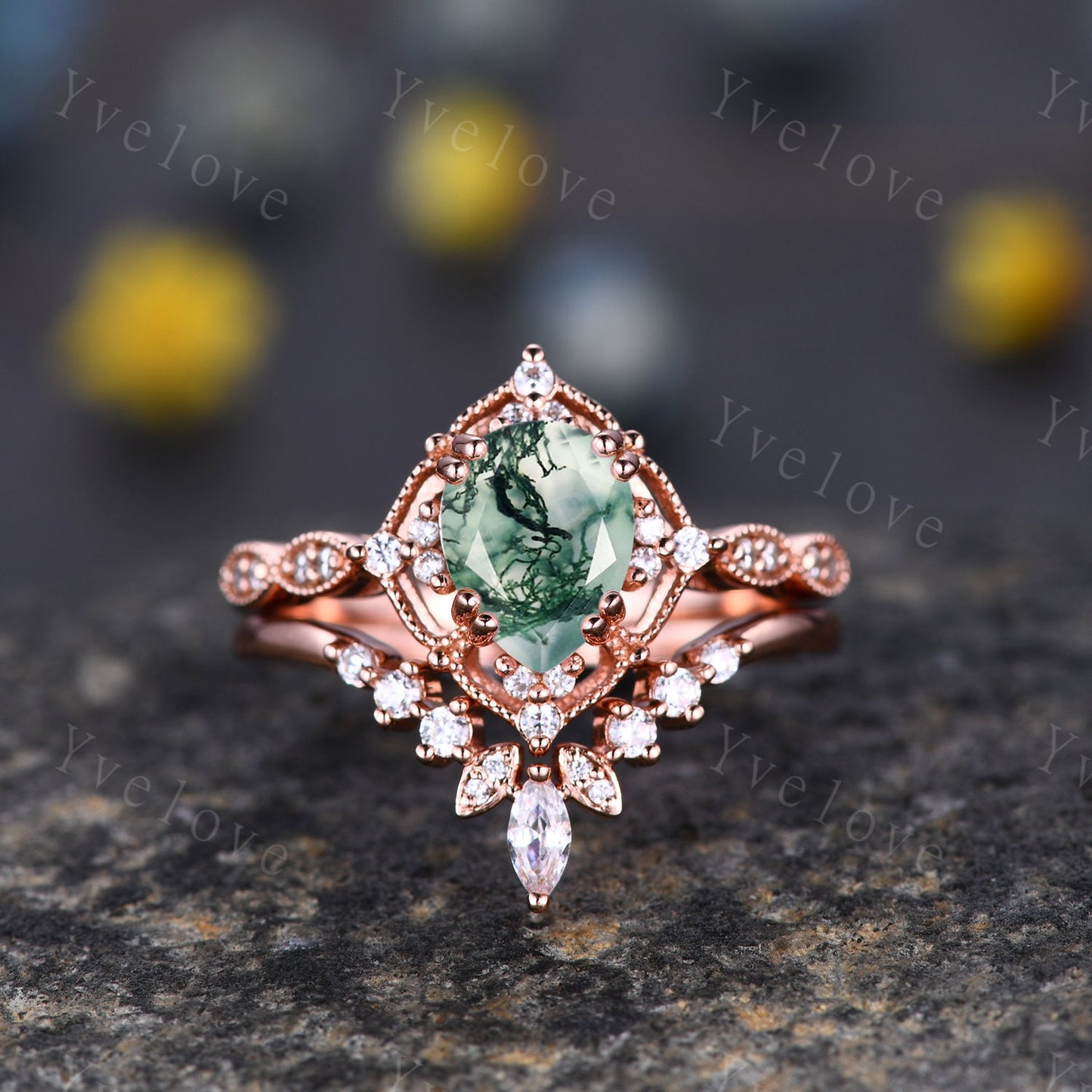 Vintage Moss Agate Engagement Ring,6x8mm Pear Agate Bridal Ring Set,V Curved Moissanite Stacking Band,Solid Gold,Women Rings Gift For Her