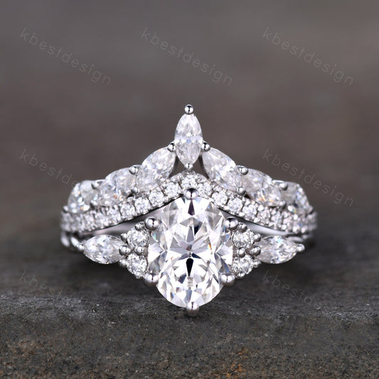 Oval cut moissanite engagement ring set vintage white gold Cluster engagement ring Marquise Art Deco Moissanite Wedding Ring Set Gift