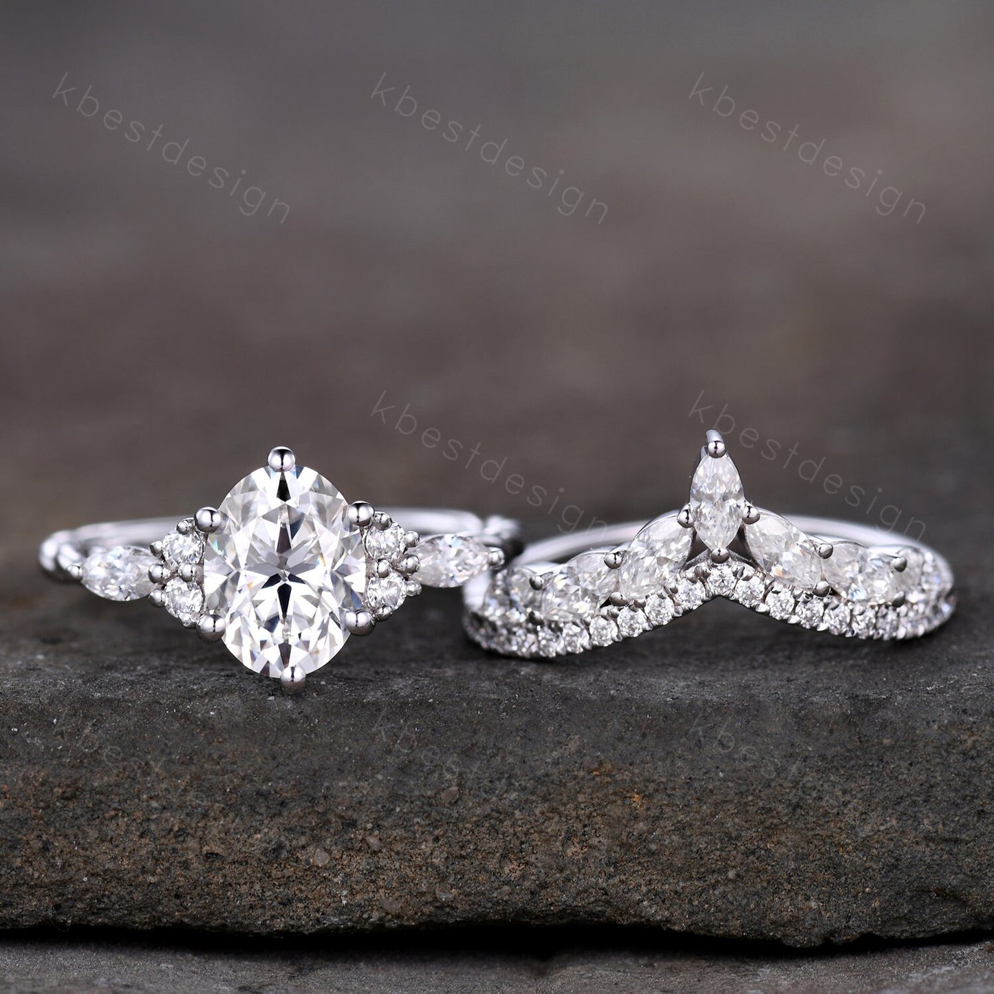Oval cut moissanite engagement ring set vintage white gold Cluster engagement ring Marquise Art Deco Moissanite Wedding Ring Set Gift