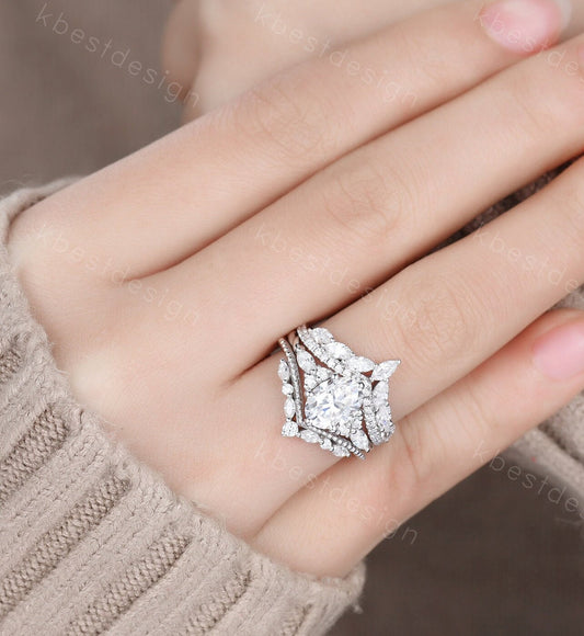 Vintage Moissanite Engagement Ring Set White Gold Oval Shaped Cluster Moissanite Bridal Set Art Deco Moissanite Wedding Ring Set Women Gift