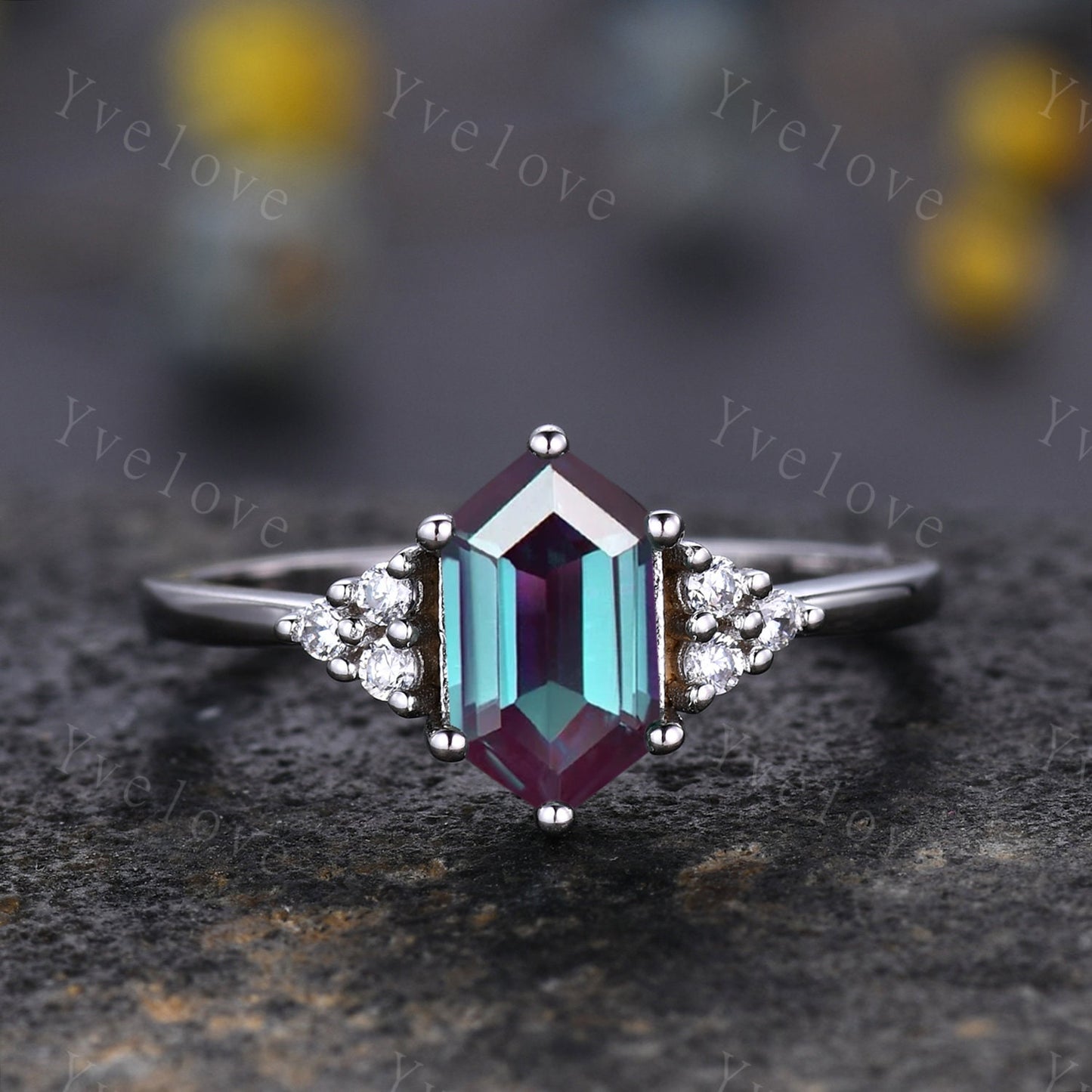 Retro Long hexagon Alexandrite Ring,Vintage Sterling Silver Ring,Unique Brial Engagement Ring Set,Promise Ring,Anniversary Ring Gift For Her