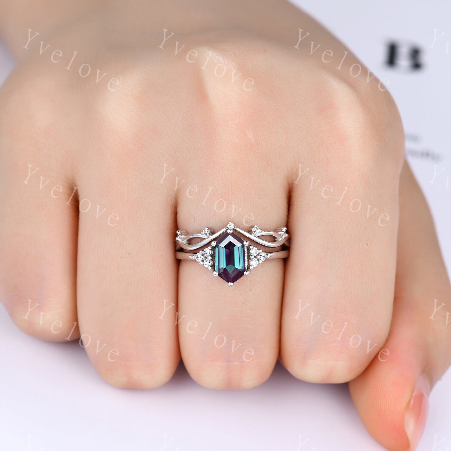 Retro Long hexagon Alexandrite Ring,Vintage Sterling Silver Ring Set,Unique Engagement Ring,Promise Ring,Anniversary Brial Ring Gift For Her