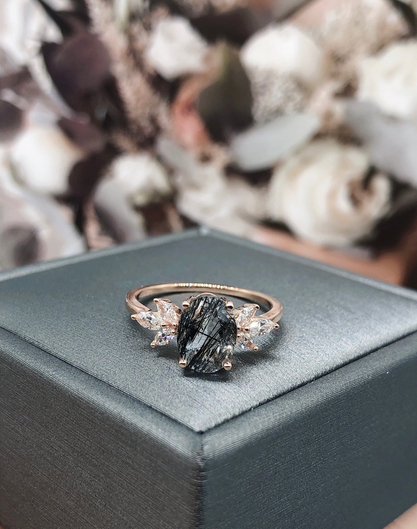 Vintage Black Rutilated Quartz Engagement Ring Art Deco Ring Women Stacking Diamond Moissanite Matching Band Unique Retro Floral Jewelry
