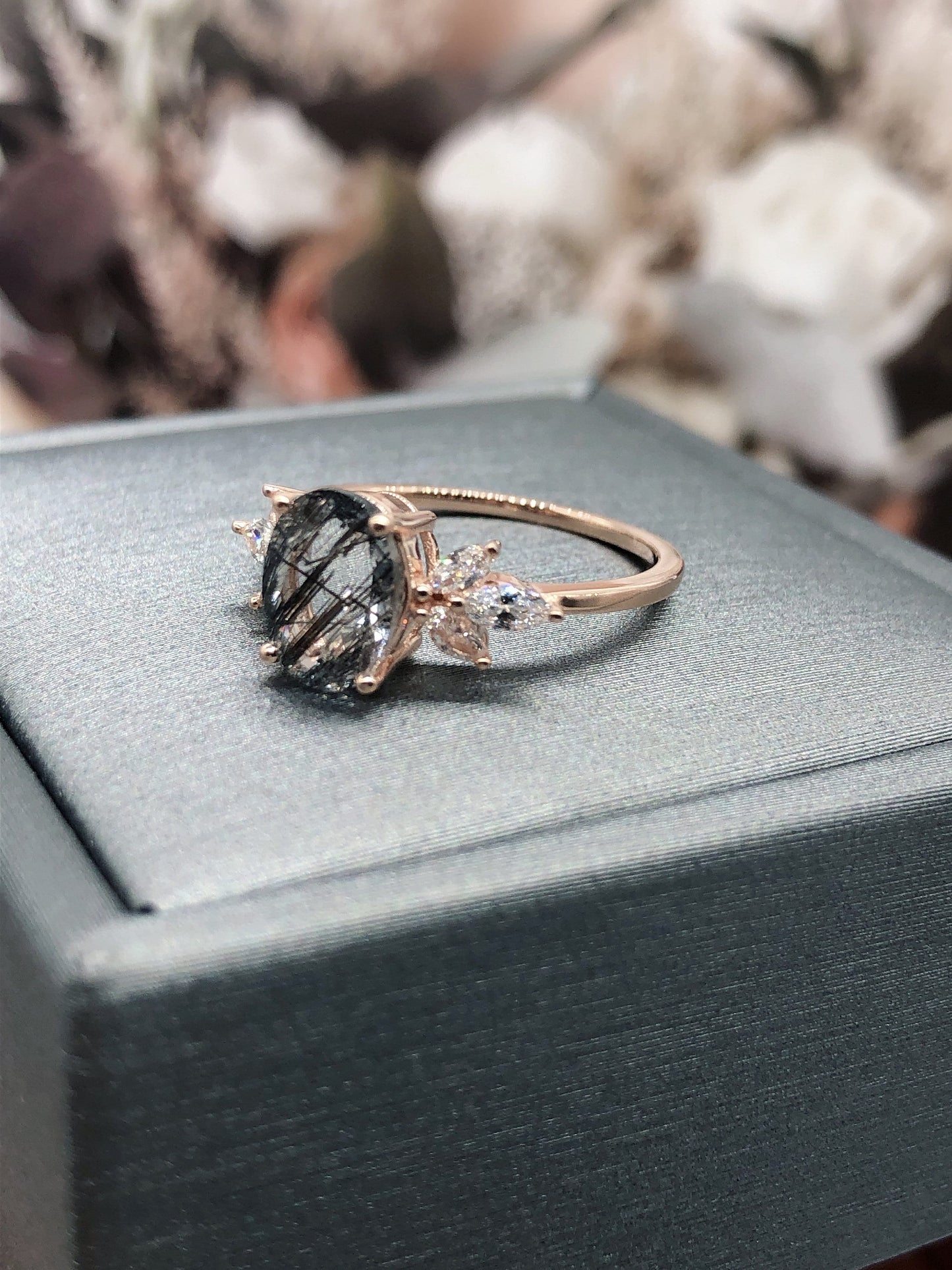Vintage Black Rutilated Quartz Engagement Ring Art Deco Ring Women Stacking Diamond Moissanite Matching Band Unique Retro Floral Jewelry