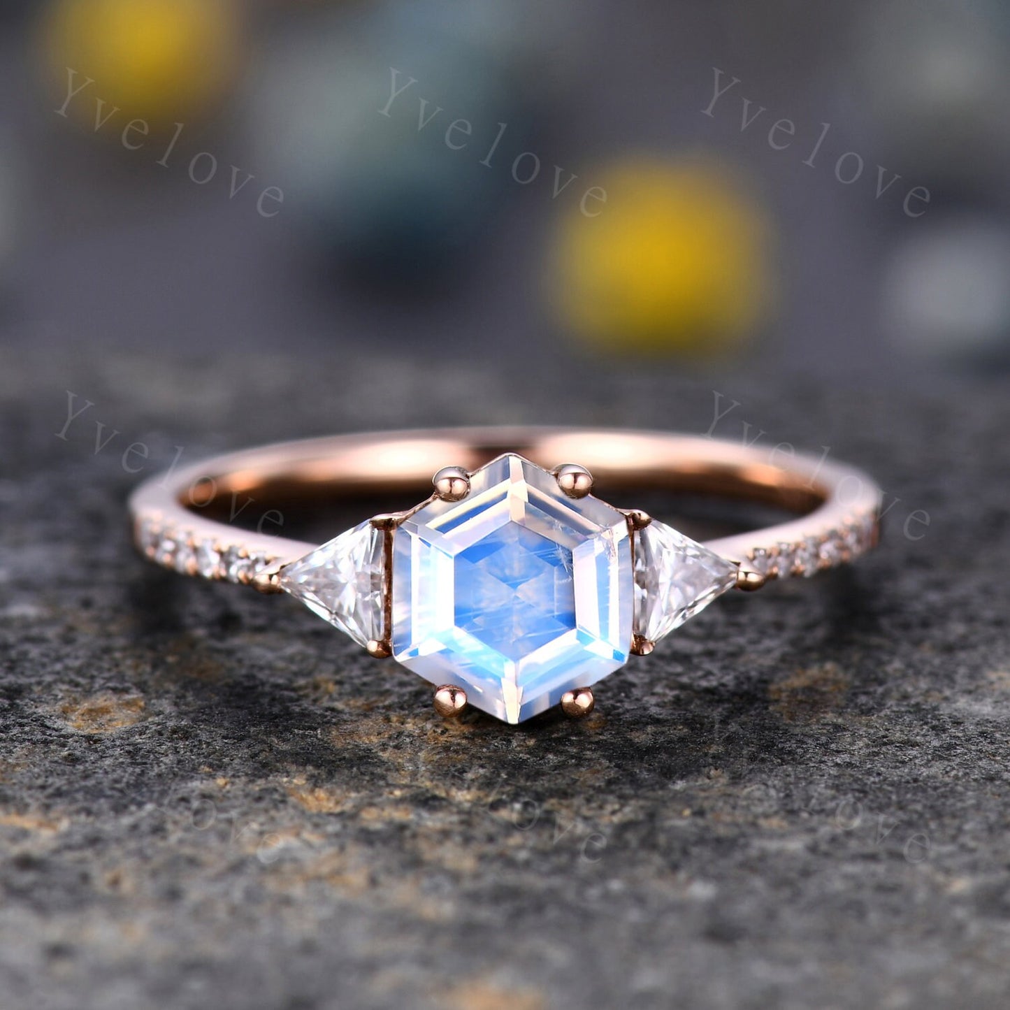 Hexagon Cut Moonstone Engagement Ring,Vingate Bridal Ring,925 Silver,Gothic Ring,Moissanite Anniversary Wedding Ring Birthday Gift for Her