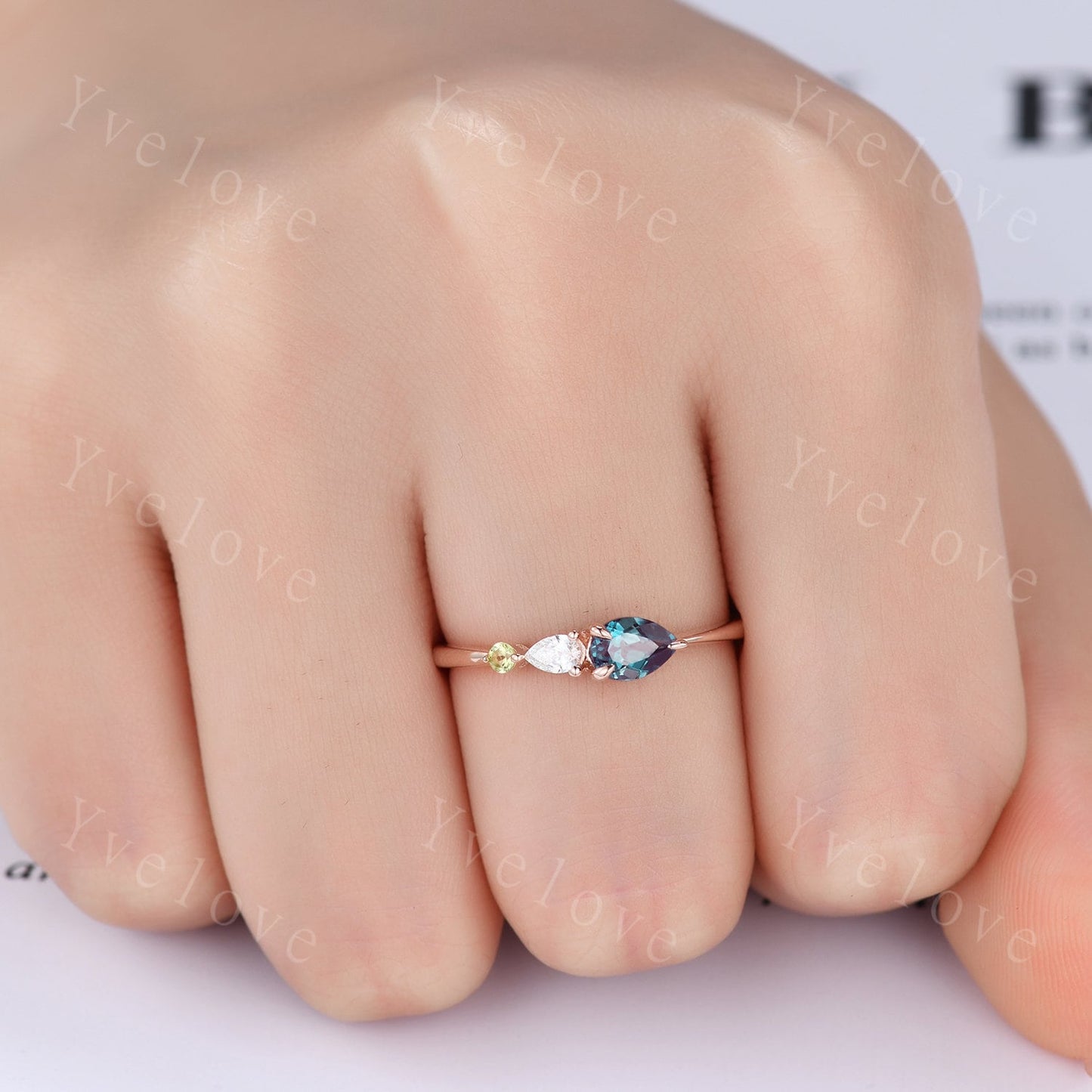 Vintage Alexandrite Engagement Ring,Pear Cut Gems,Art Deco Moissanite Peridot Wedding Band,3 Stone Unique Women Bridal Promise Ring,Custom