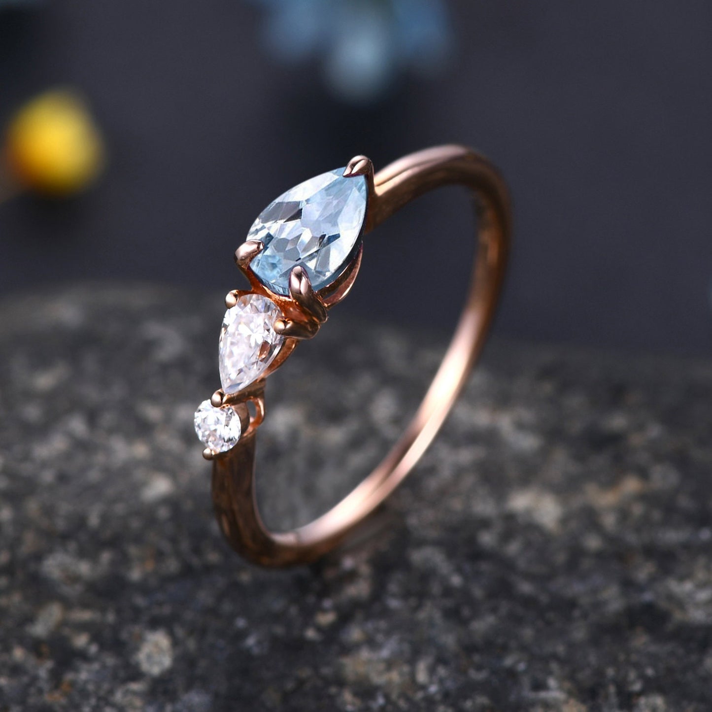 Vintage Aquamarine Ring Engagement Ring,Pear Cut Gems,Art Deco Moissanite Wedding Band,3 Stone Unique Women Bridal Promise Ring Customized
