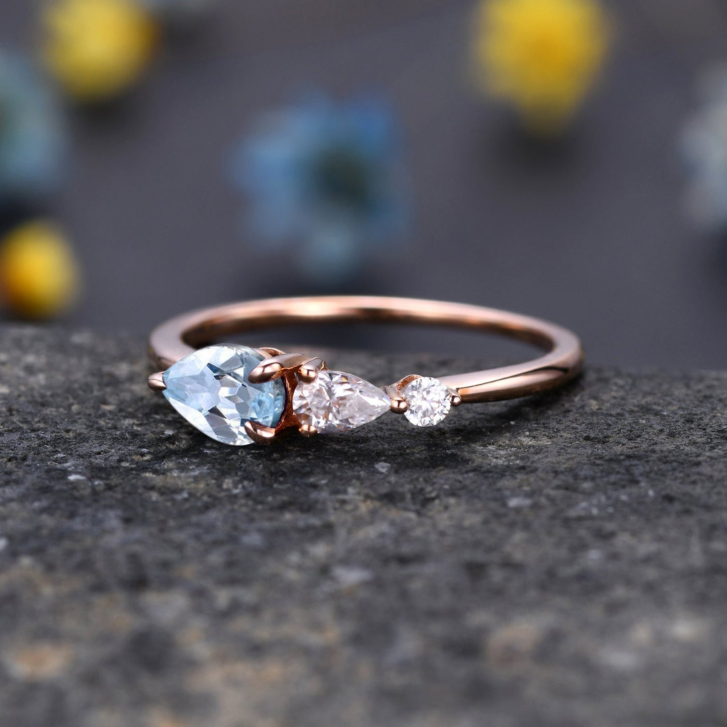 Vintage Aquamarine Ring Engagement Ring,Pear Cut Gems,Art Deco Moissanite Wedding Band,3 Stone Unique Women Bridal Promise Ring Customized