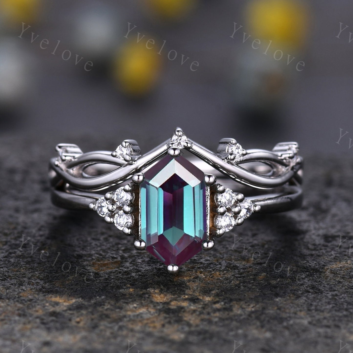 Retro Long hexagon Alexandrite Ring,Vintage Sterling Silver Ring,Unique Brial Engagement Ring Set,Promise Ring,Anniversary Ring Gift For Her