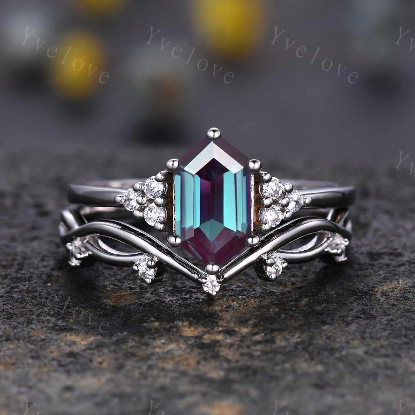 Retro Long hexagon Alexandrite Ring,Vintage Sterling Silver Ring,Unique Brial Engagement Ring Set,Promise Ring,Anniversary Ring Gift For Her
