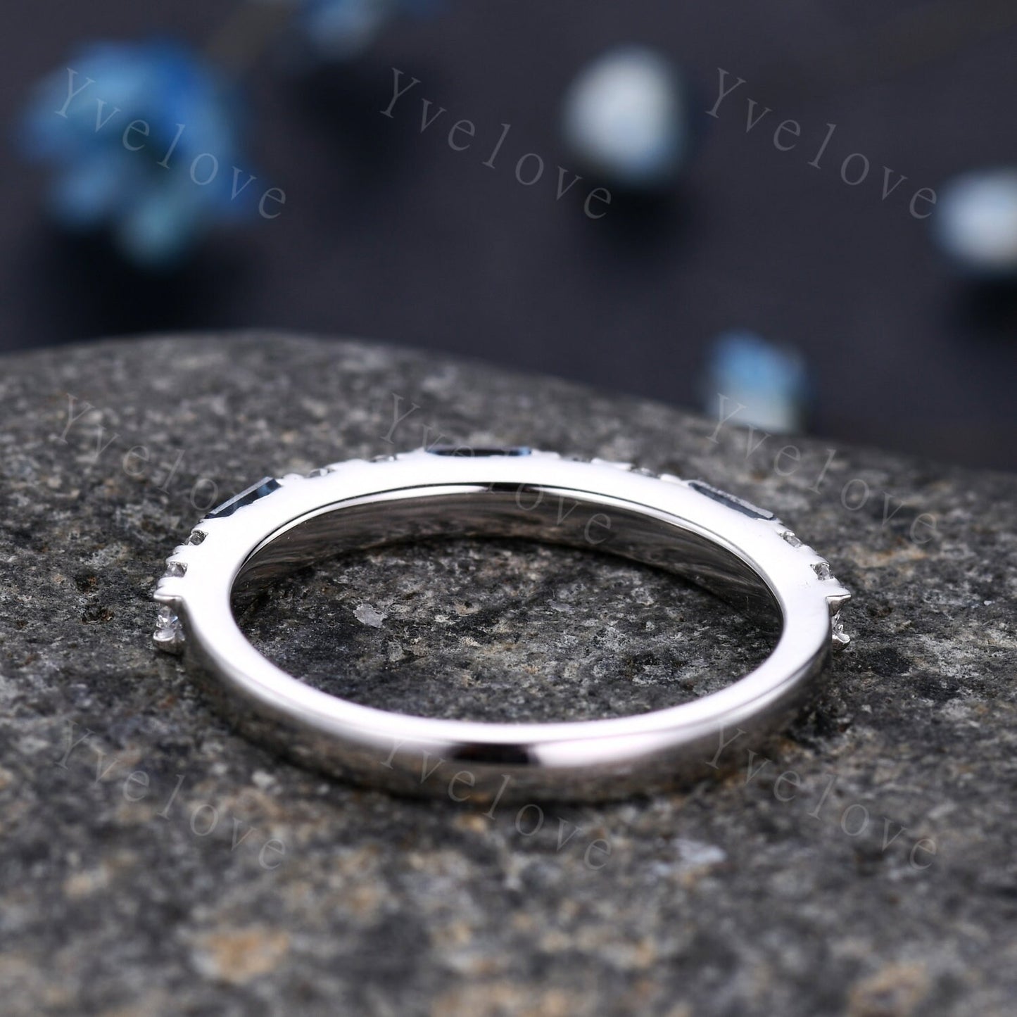 Baguette Cut Moss Agate and Diamond Wedding Ring Half Eternity Band Stacking Match Ring 14K White Gold Anniversary Gift For Her Customized