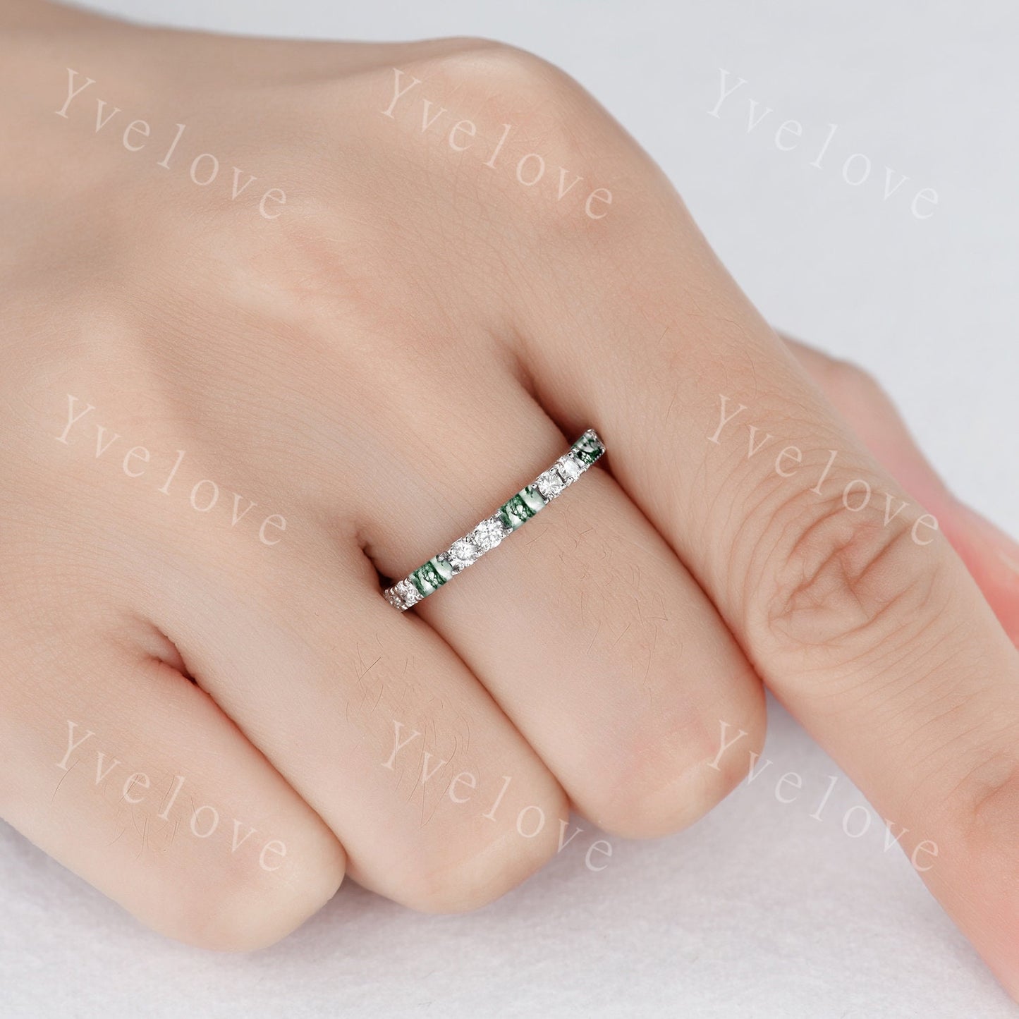 Baguette Cut Moss Agate and Diamond Wedding Ring Half Eternity Band Stacking Match Ring 14K White Gold Anniversary Gift For Her Customized