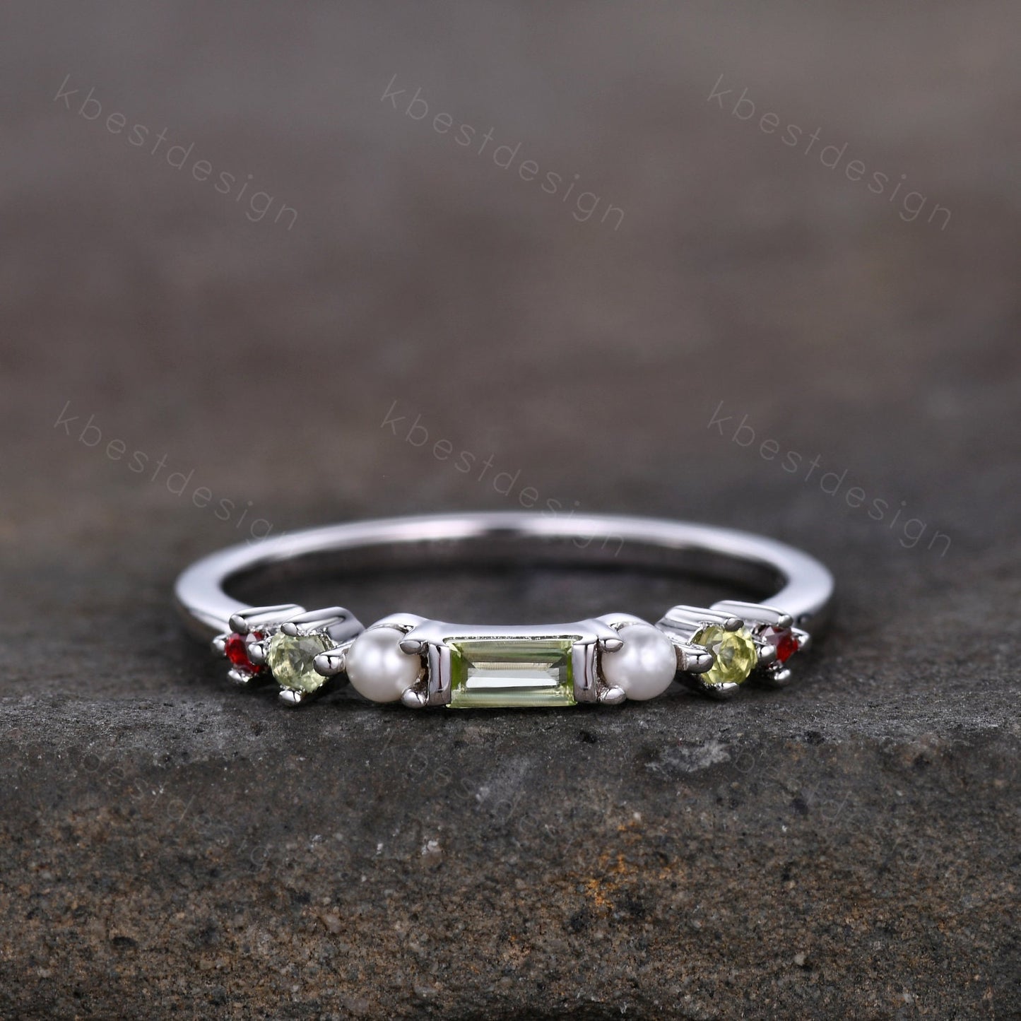 Baguette Peridot Ring,Peridot and Pearl Wedding Band,Sterling Silver Multi Gemstone Ring,Birthstone Jewelry,Gift For Mom,Personalized Gift