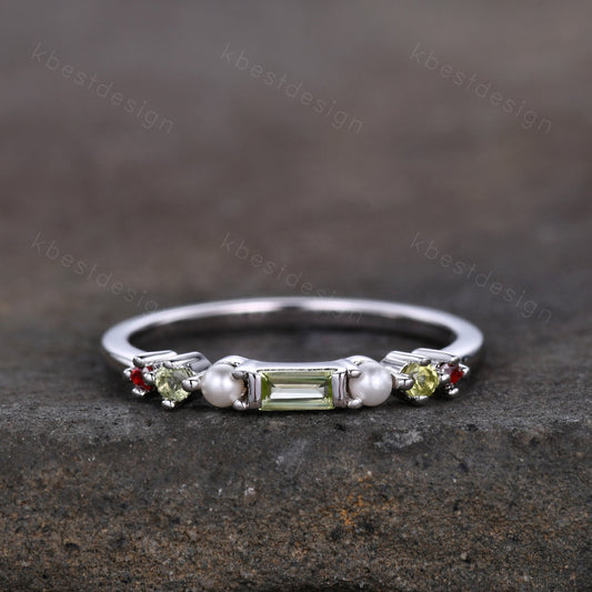 Baguette Peridot Ring,Peridot and Pearl Wedding Band,Sterling Silver Multi Gemstone Ring,Birthstone Jewelry,Gift For Mom,Personalized Gift