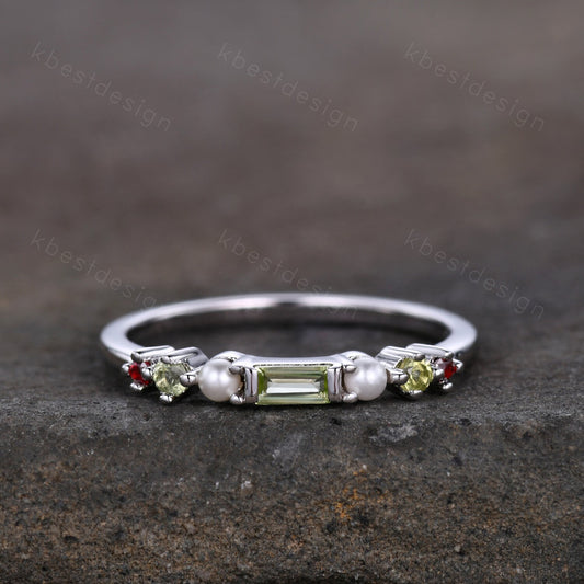 Baguette Peridot Ring,Peridot and Pearl Wedding Band,Sterling Silver Multi Gemstone Ring,Birthstone Jewelry,Gift For Mom,Personalized Gift