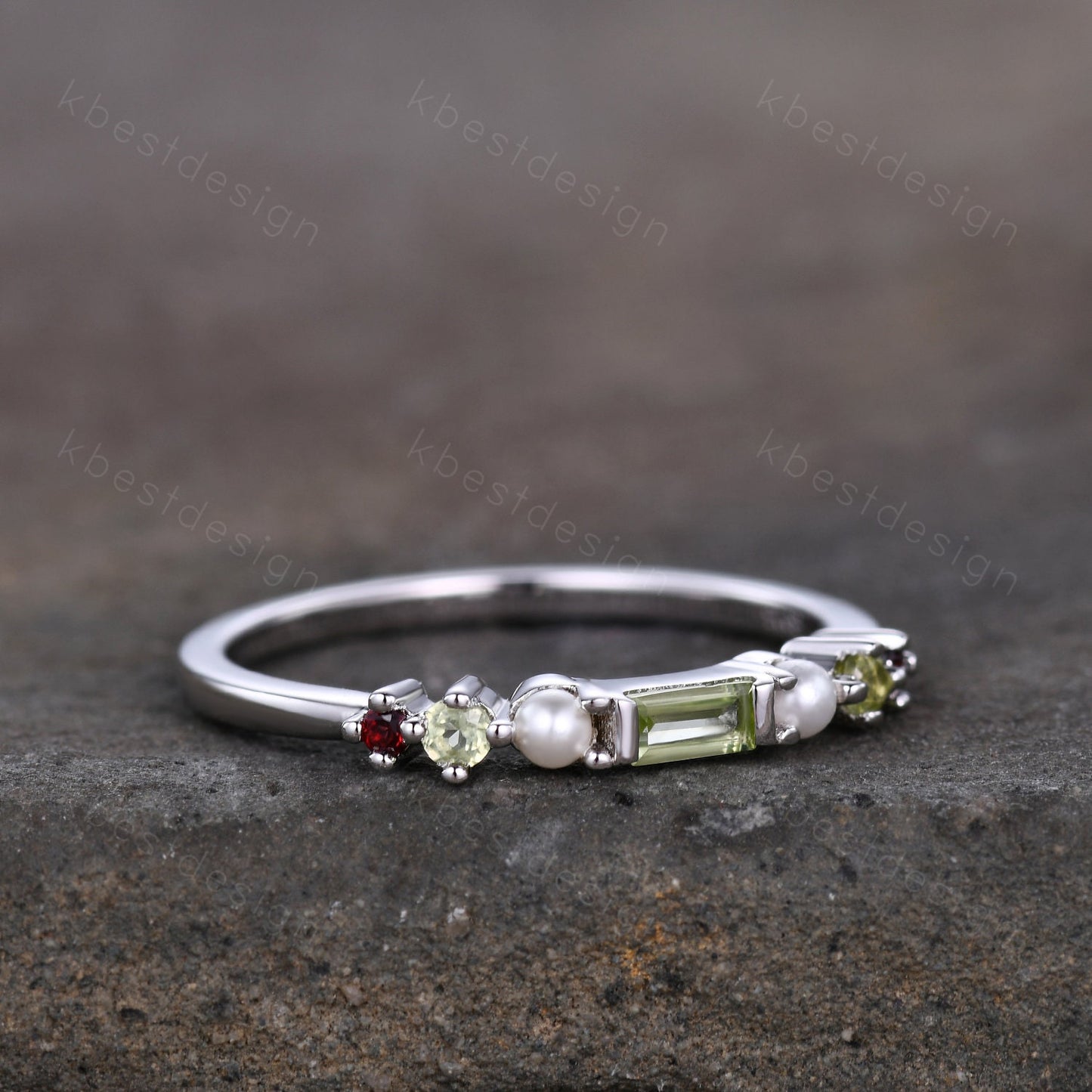 Baguette Peridot Ring,Peridot and Pearl Wedding Band,Sterling Silver Multi Gemstone Ring,Birthstone Jewelry,Gift For Mom,Personalized Gift