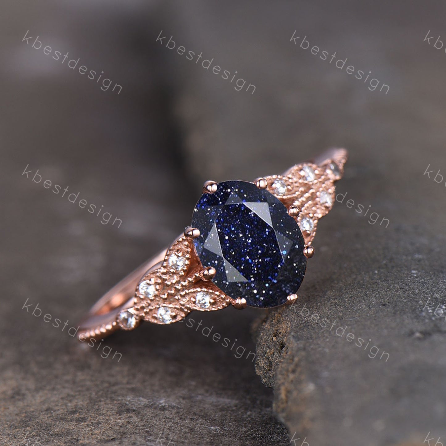 Galaxy Sandstone Ring Oval Blue Sandstone Engagement Ring Sterling Silver Ring Unique Art Deco Bridal Wedding Ring Promise Anniversary Ring