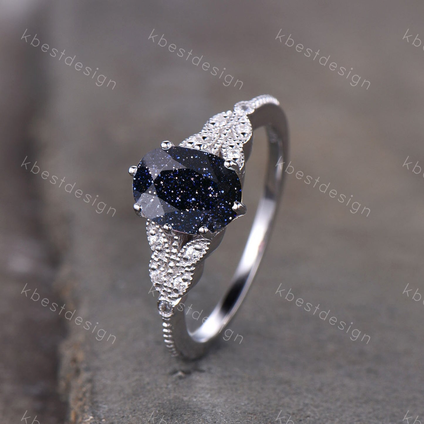 Galaxy Sandstone Ring Oval Blue Sandstone Engagement Ring Sterling Silver Ring Unique Art Deco Bridal Wedding Ring Promise Anniversary Ring