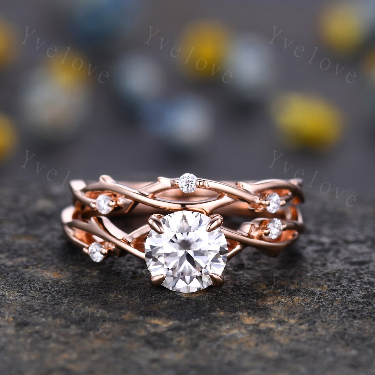 1.2ct Vintage Moissanite Engagement Ring Set,Twisted Ring Set,Leaf and Vines Moissanite Bridal Set,Branch Ring,Danity Twig Diamond Ring Set