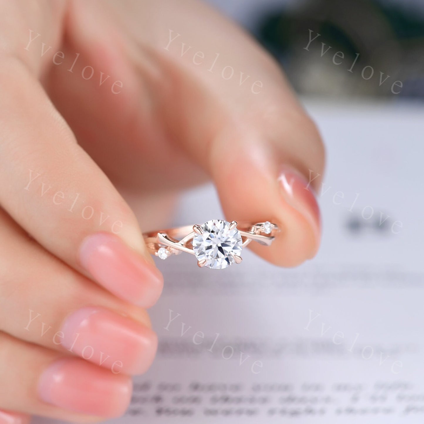 1.2ct Vintage Moissanite Engagement Ring,Twisted Ring,Leaf and Vines Moissanite Bridal Set,Branch Ring,Danity Twig Diamond Ring,Rose gold