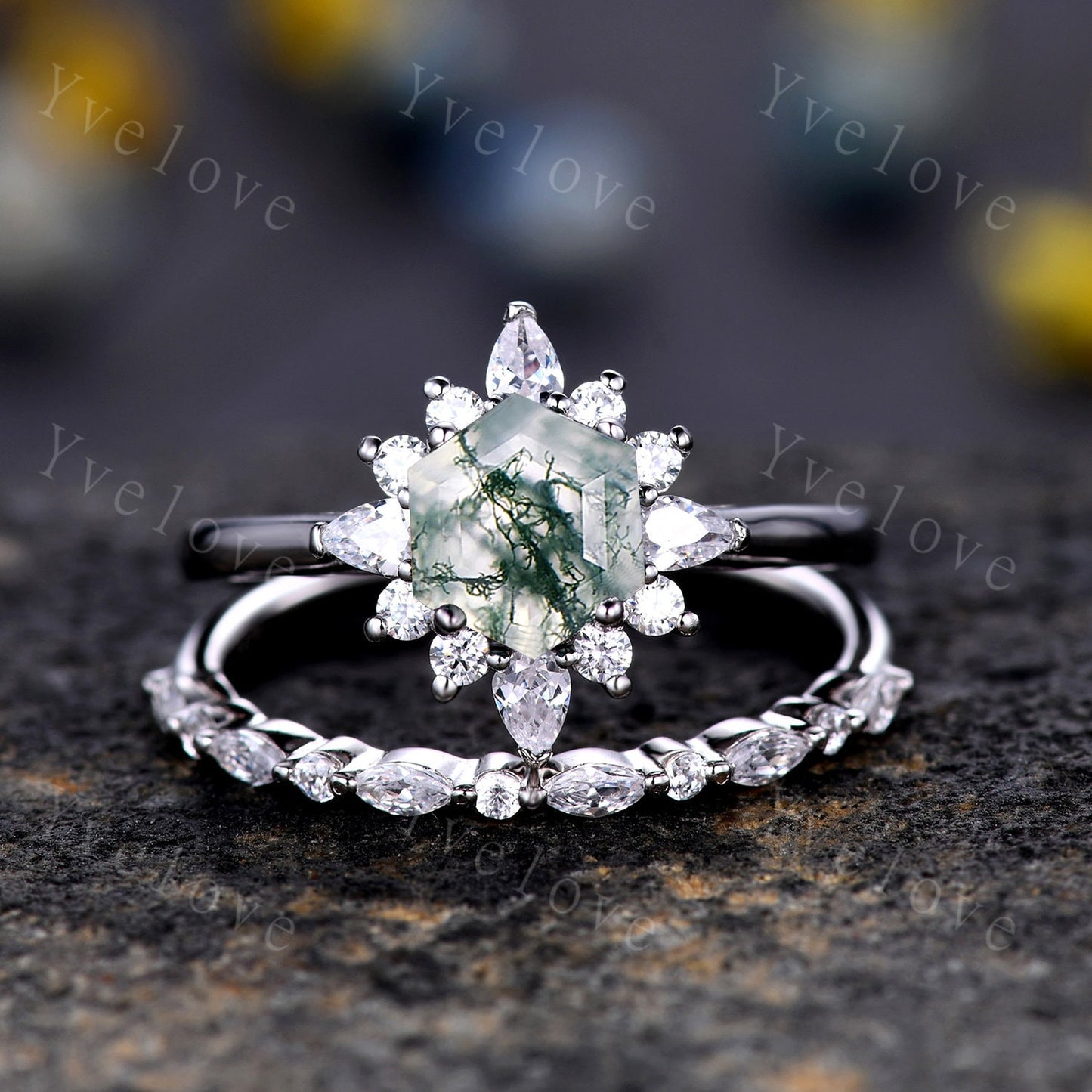Vintage Moss Agate Engagement Ring Set,Retro Moissanite Band,White Gold Ring,Women Stacking Matching Wedding Band Promise Ring Gift For Her