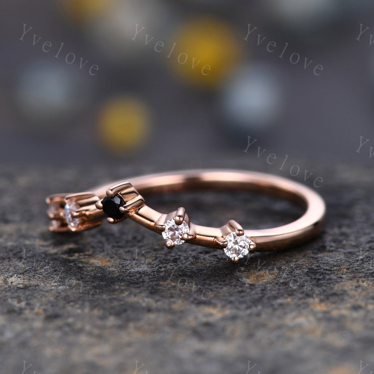 Dainty Moissanite Wedding Band Ring,Women V Curved Wedding Ring,Moissanite Black Spinel Ring,Rose Gold Stacking Bridal Ring,Anniversary Band