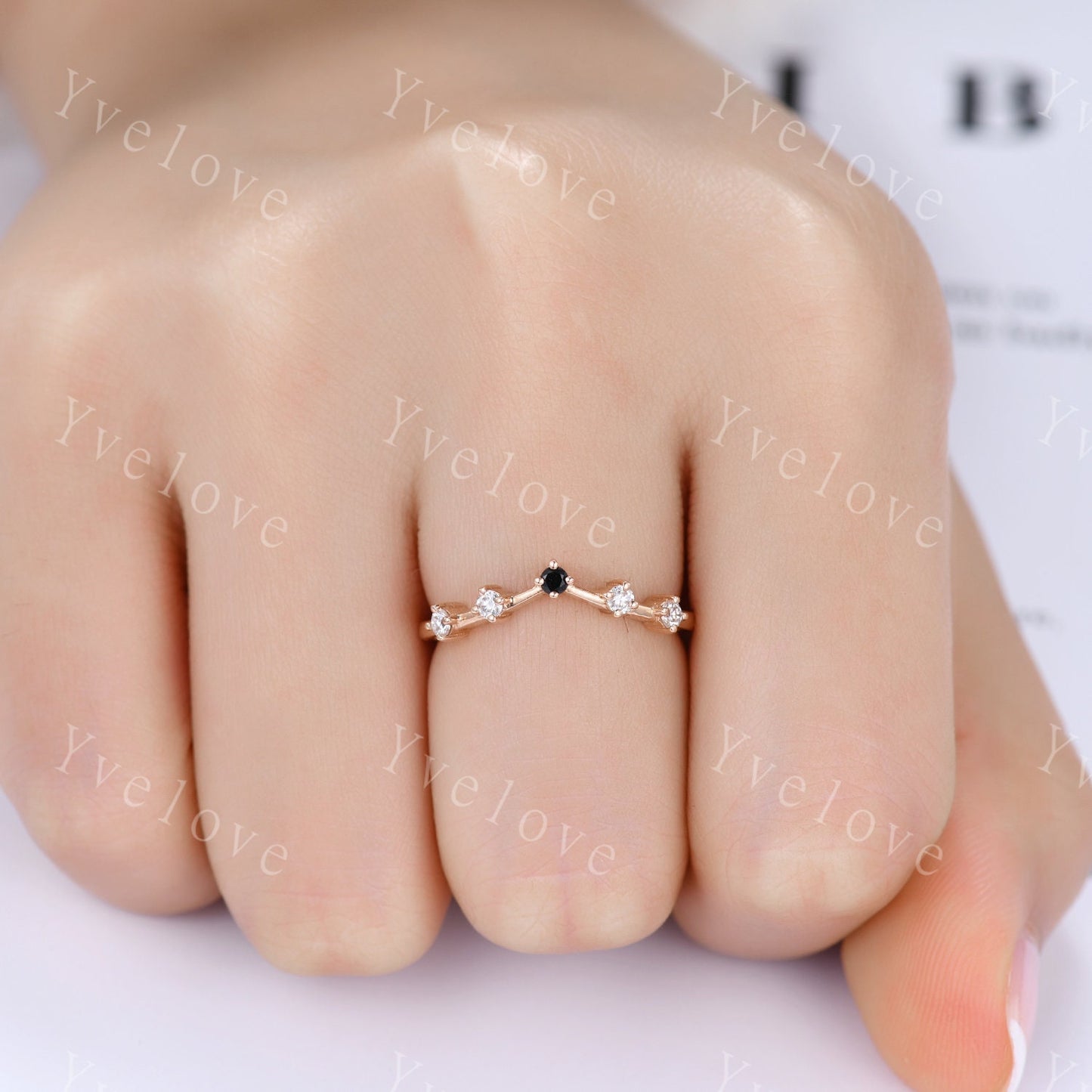 Dainty Moissanite Wedding Band Ring,Women V Curved Wedding Ring,Moissanite Black Spinel Ring,Rose Gold Stacking Bridal Ring,Anniversary Band