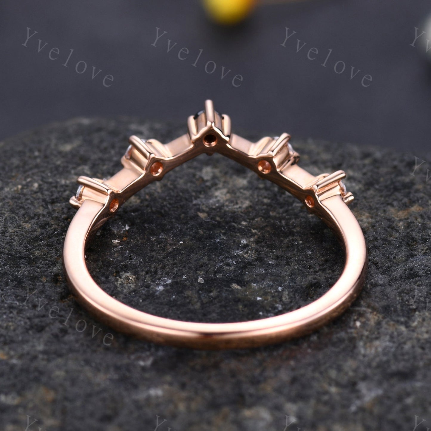 Dainty Moissanite Wedding Band Ring,Women V Curved Wedding Ring,Moissanite Black Spinel Ring,Rose Gold Stacking Bridal Ring,Anniversary Band