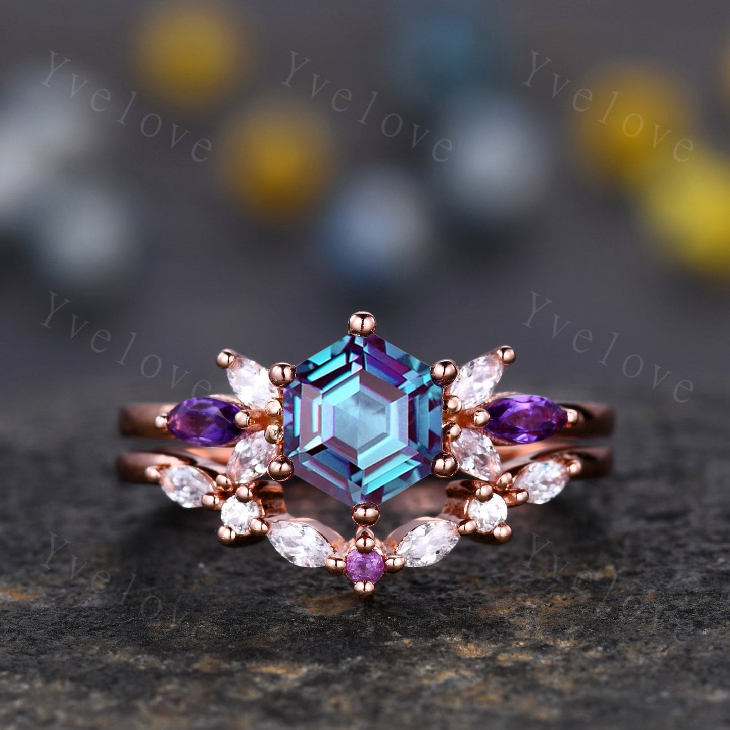 Vintage Hexagon Alexandrite Engagement Ring Set Rose Gold Women Moissanite Amethyst Gem Matching Band Promise Bridal Stacking Ring Set Gift