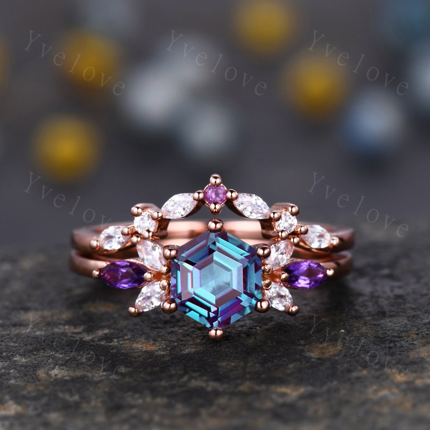 Vintage Hexagon Cut Alexandrite Engagement Ring Rose Gold Women Moissanite Amethyst Gem Matching Band Promise Bridal Stacking Ring Set Gift