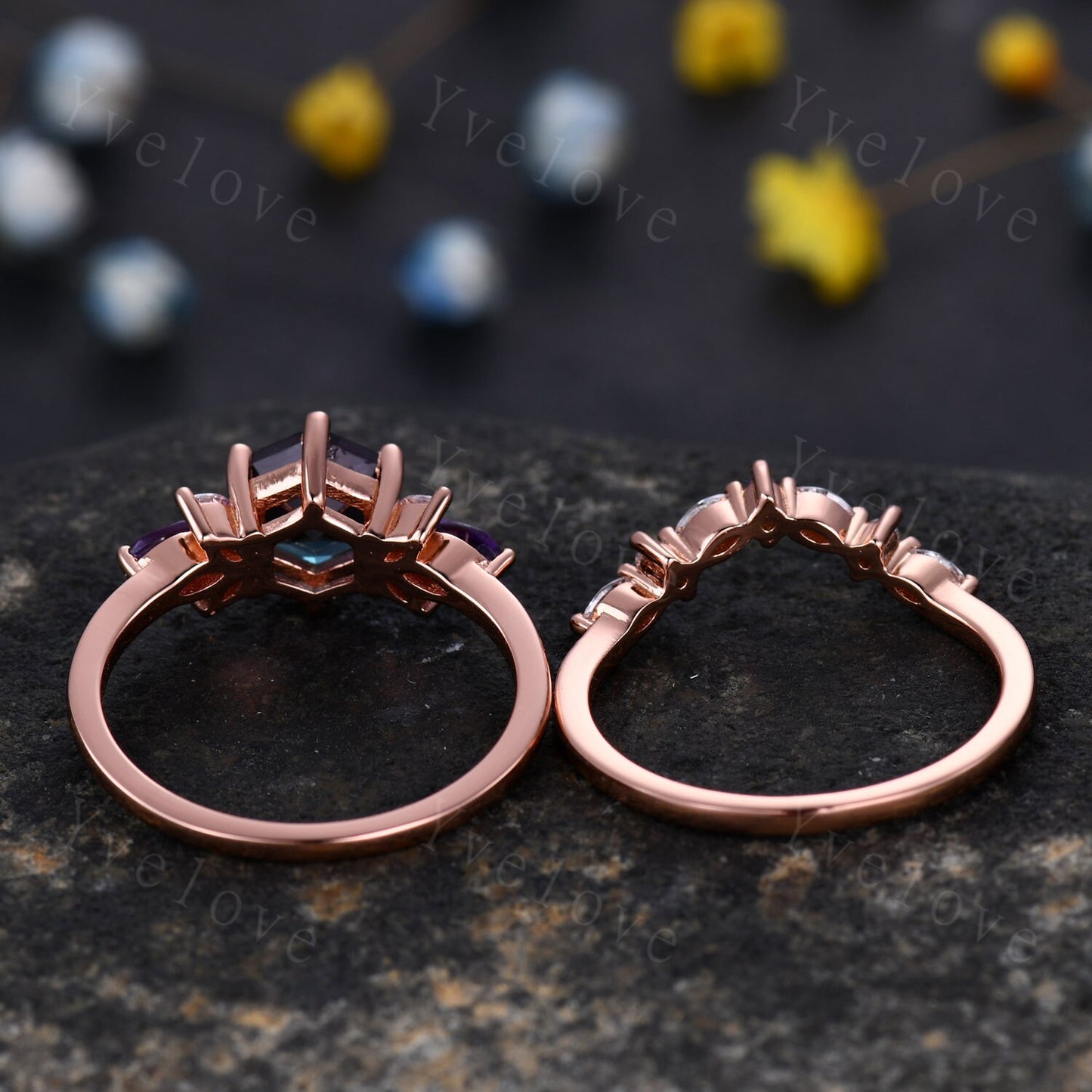 Vintage Hexagon Cut Alexandrite Engagement Ring Rose Gold Women Moissanite Amethyst Gem Matching Band Promise Bridal Stacking Ring Set Gift