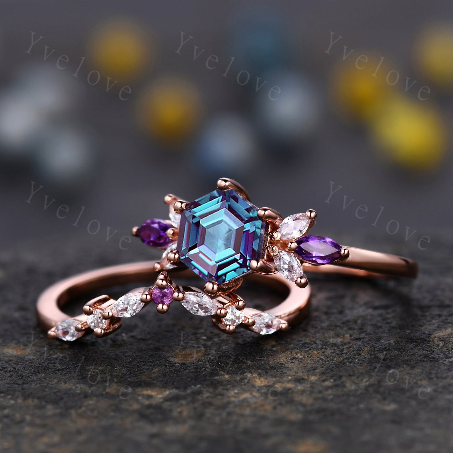 Vintage Hexagon Cut Alexandrite Engagement Ring Rose Gold Women Moissanite Amethyst Gem Matching Band Promise Bridal Stacking Ring Set Gift