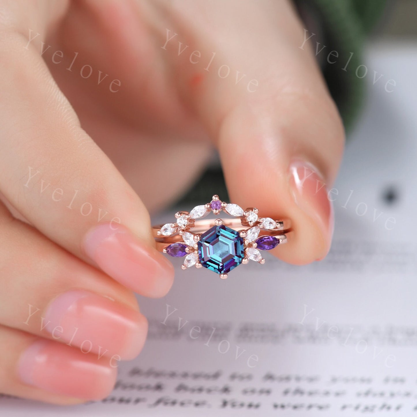 Vintage Hexagon Cut Alexandrite Engagement Ring Rose Gold Women Moissanite Amethyst Gem Matching Band Promise Bridal Stacking Ring Set Gift
