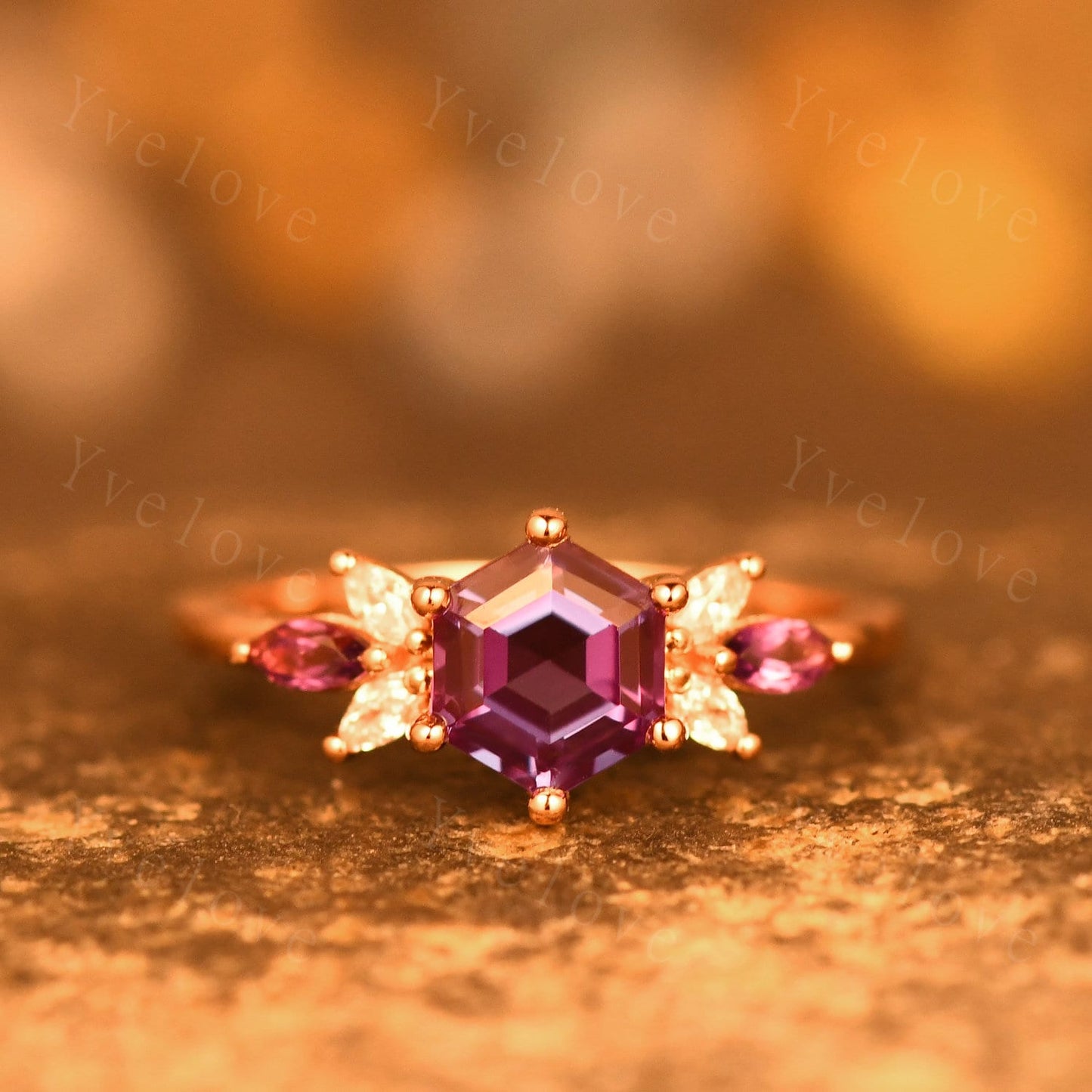 Vintage Hexagon Cut Amethyst Engagement Ring Rose Gold Women Moissanite Amethyst Gem Matching Band Promise Bridal Stacking Ring Set Gift