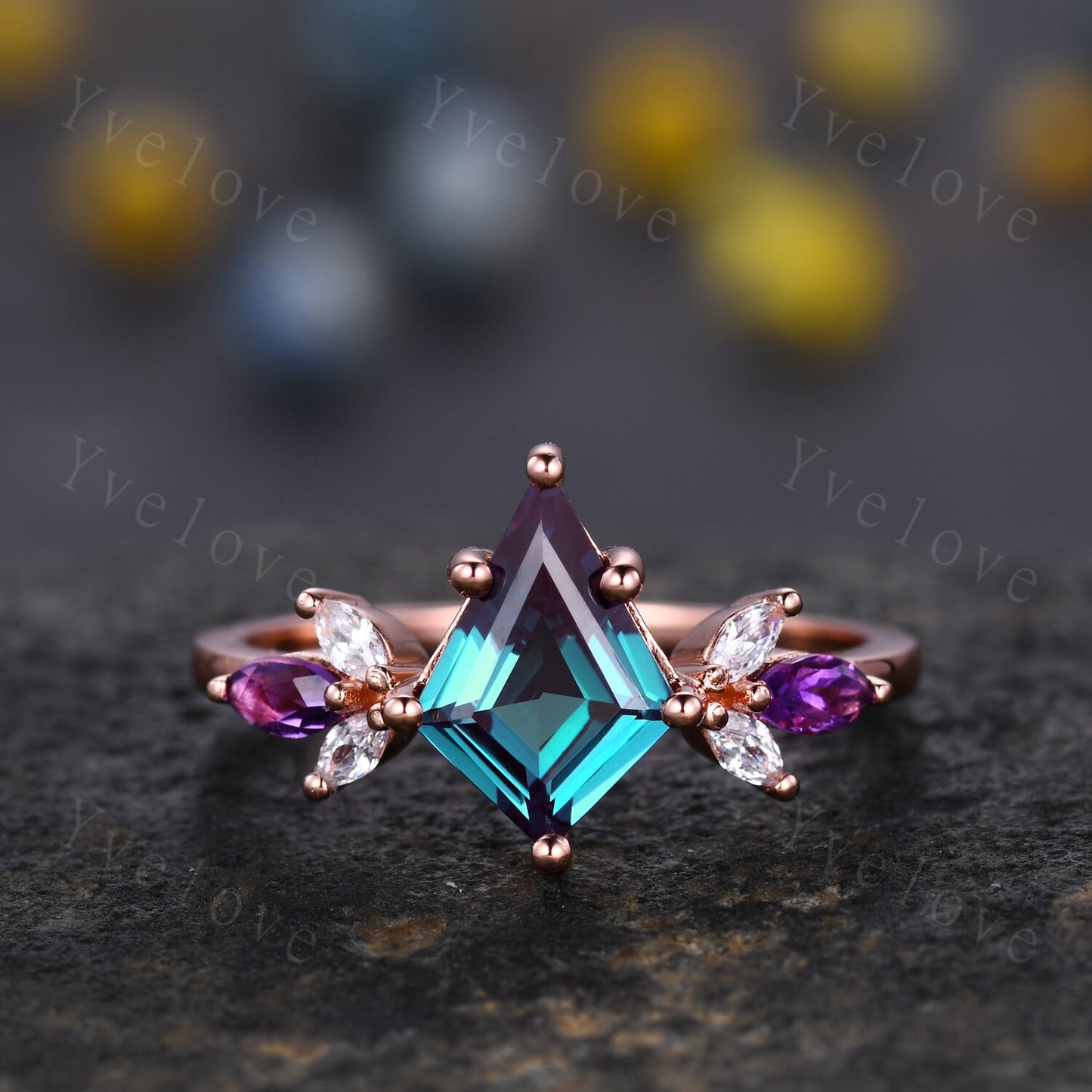 Vintage Kite Cut Alexandrite Engagement Ring Rose Gold Women Unique Moissanite Amethyst Gem Matching Band Promise Bridal Stacking Ring Set