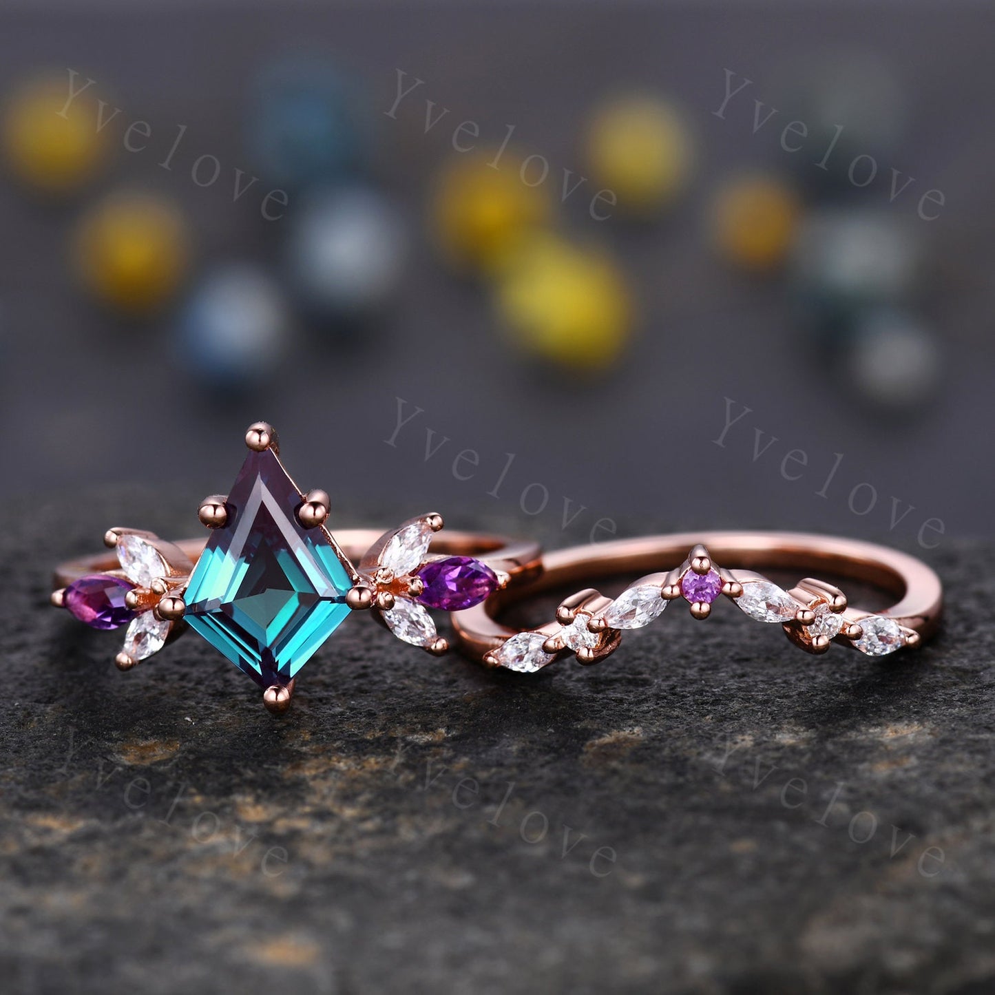 Vintage Kite Cut Alexandrite Engagement Ring Rose Gold Women Unique Moissanite Amethyst Gem Matching Band Promise Bridal Stacking Ring Set