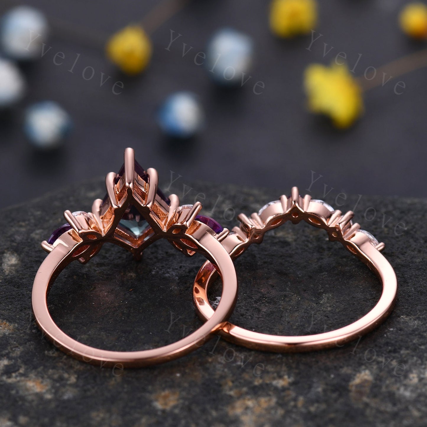 Vintage Kite Cut Alexandrite Engagement Ring Rose Gold Women Unique Moissanite Amethyst Gem Matching Band Promise Bridal Stacking Ring Set