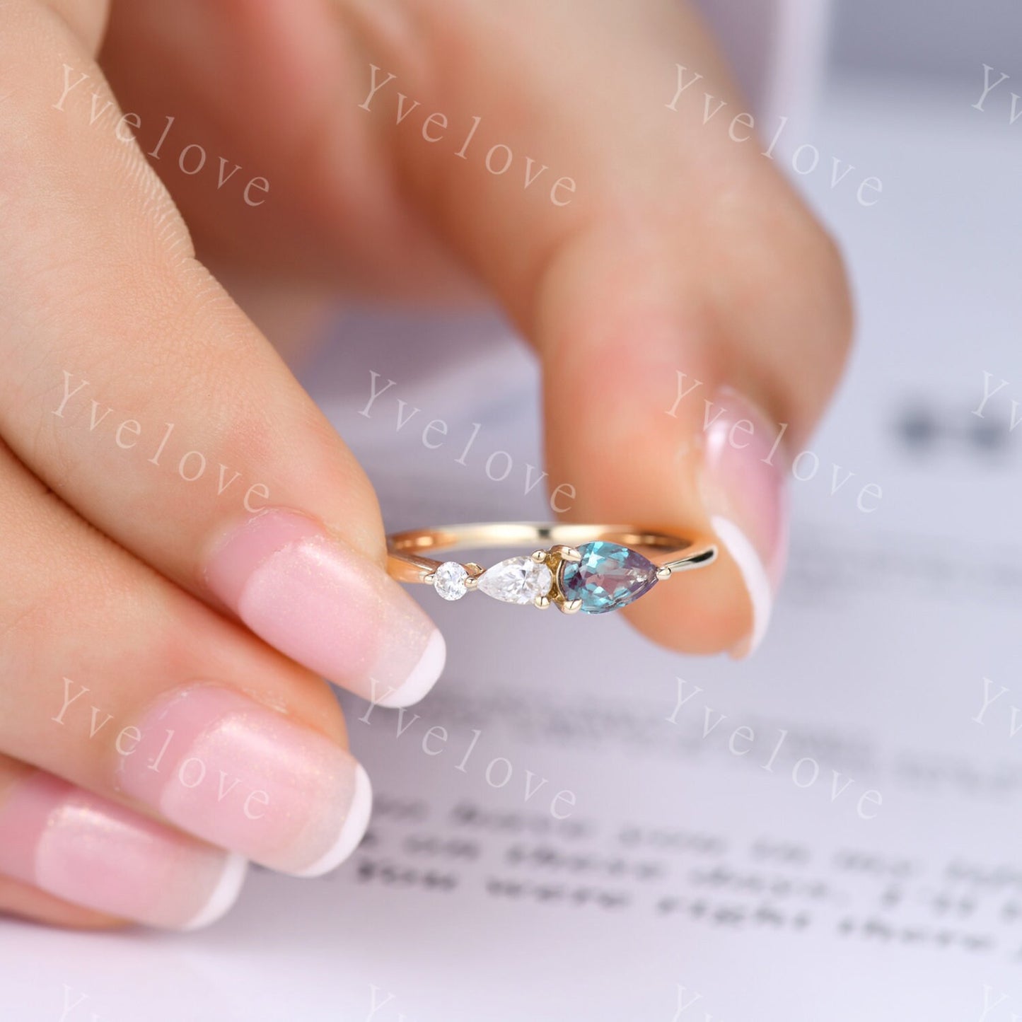 Vintage Alexandrite Engagement Ring,Pear Cut Gems,Art Deco Moissanite Wedding Band,3 Stone Unique Women Bridal Promise Ring,Yellow Gold Ring