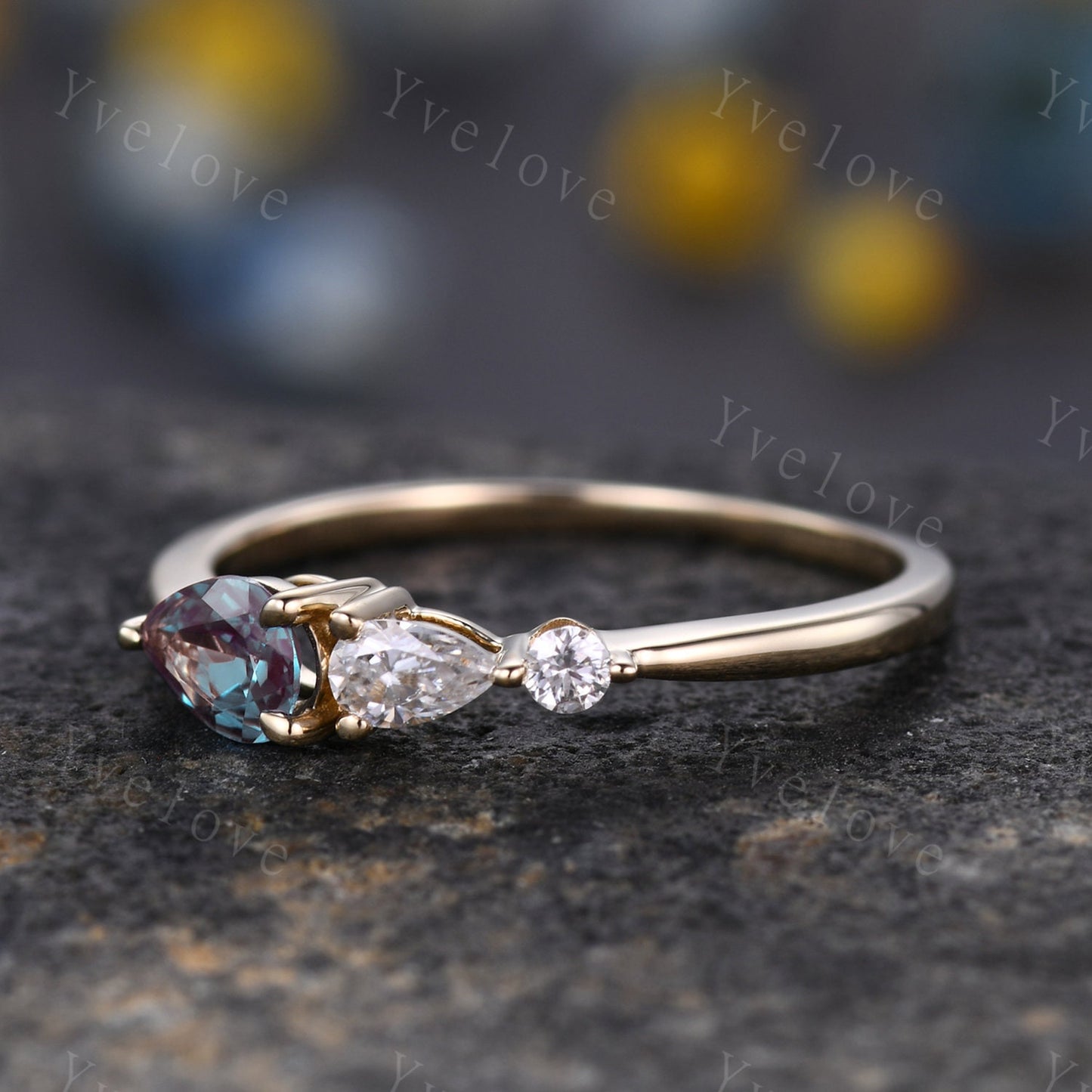 Vintage Alexandrite Engagement Ring,Pear Cut Gems,Art Deco Moissanite Wedding Band,3 Stone Unique Women Bridal Promise Ring,Yellow Gold Ring