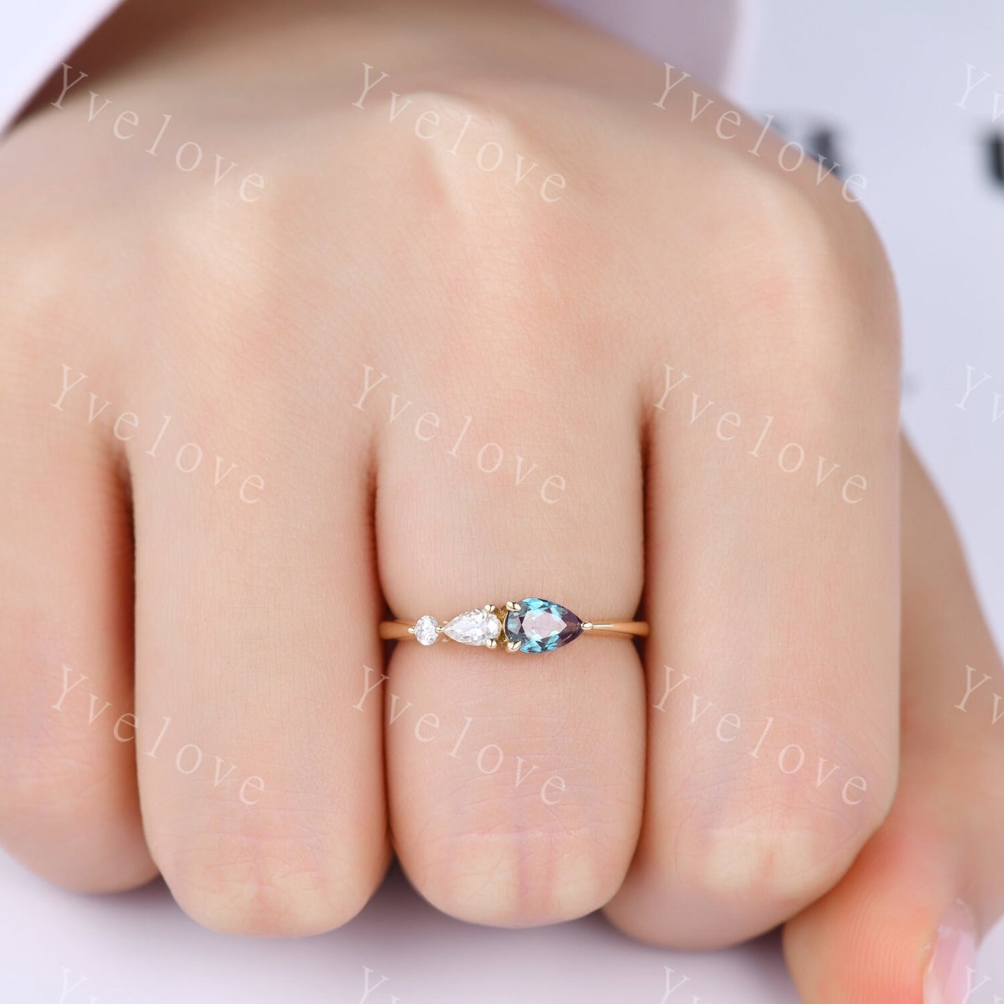 Vintage Alexandrite Engagement Ring,Pear Cut Gems,Art Deco Moissanite Wedding Band,3 Stone Unique Women Bridal Promise Ring,Yellow Gold Ring