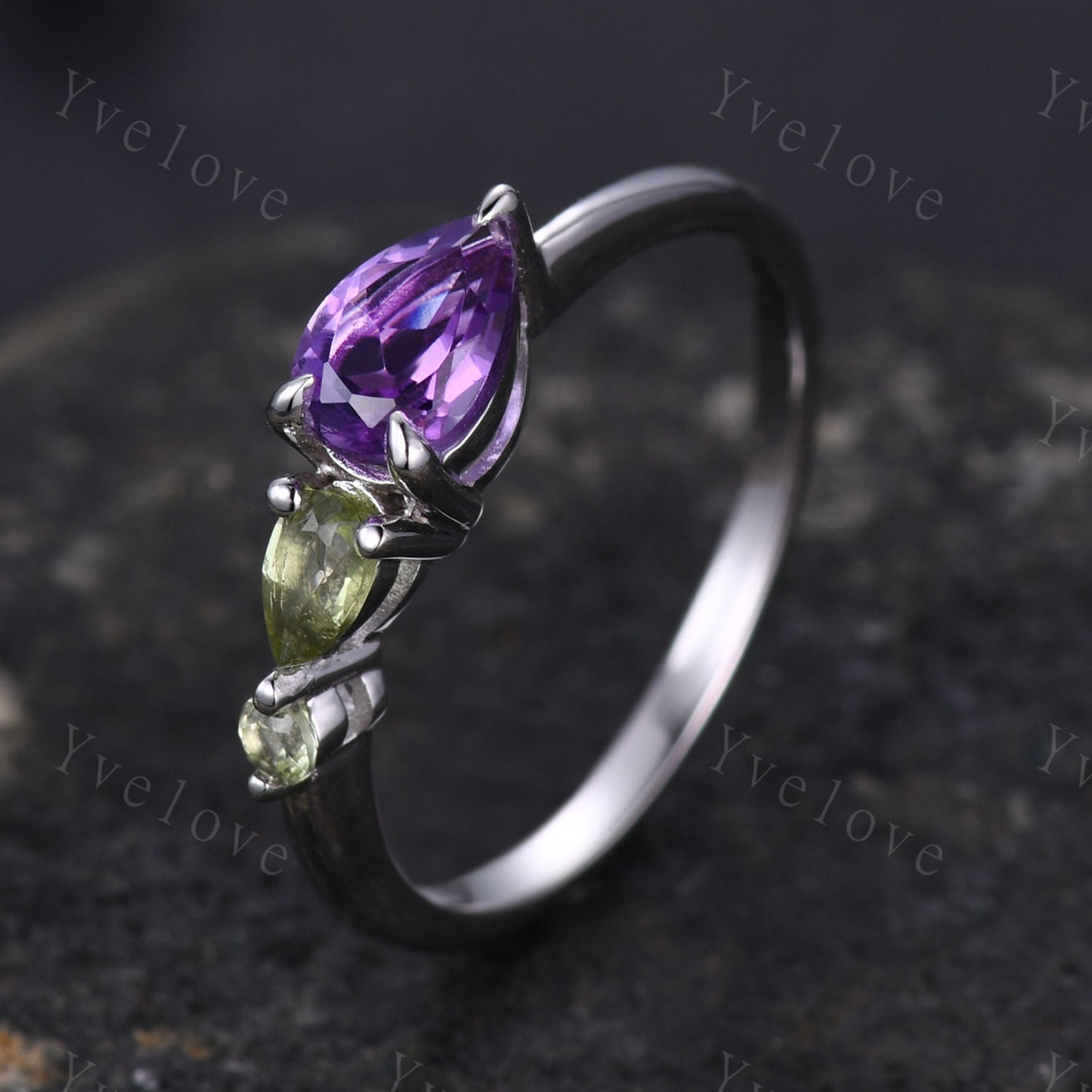 Vintage Amethyst Peridot Engagement Ring,Pear Cut Gems,Art Deco Peridot Wedding Band,3 Stone Unique Women Bridal Promise Ring,Customized
