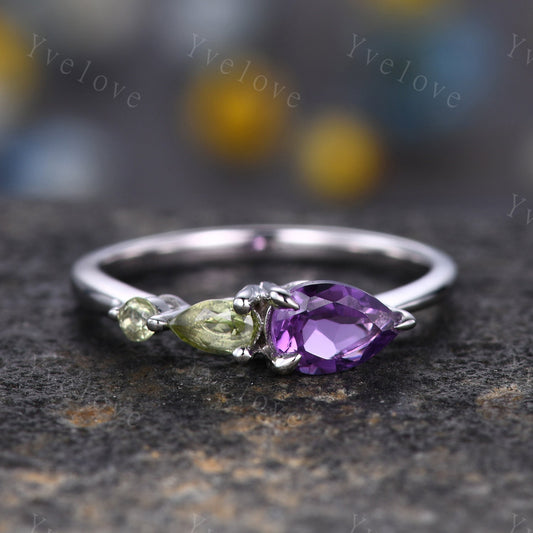 Vintage Amethyst Peridot Engagement Ring,Pear Cut Gems,Art Deco Peridot Wedding Band,3 Stone Unique Women Bridal Promise Ring,Customized