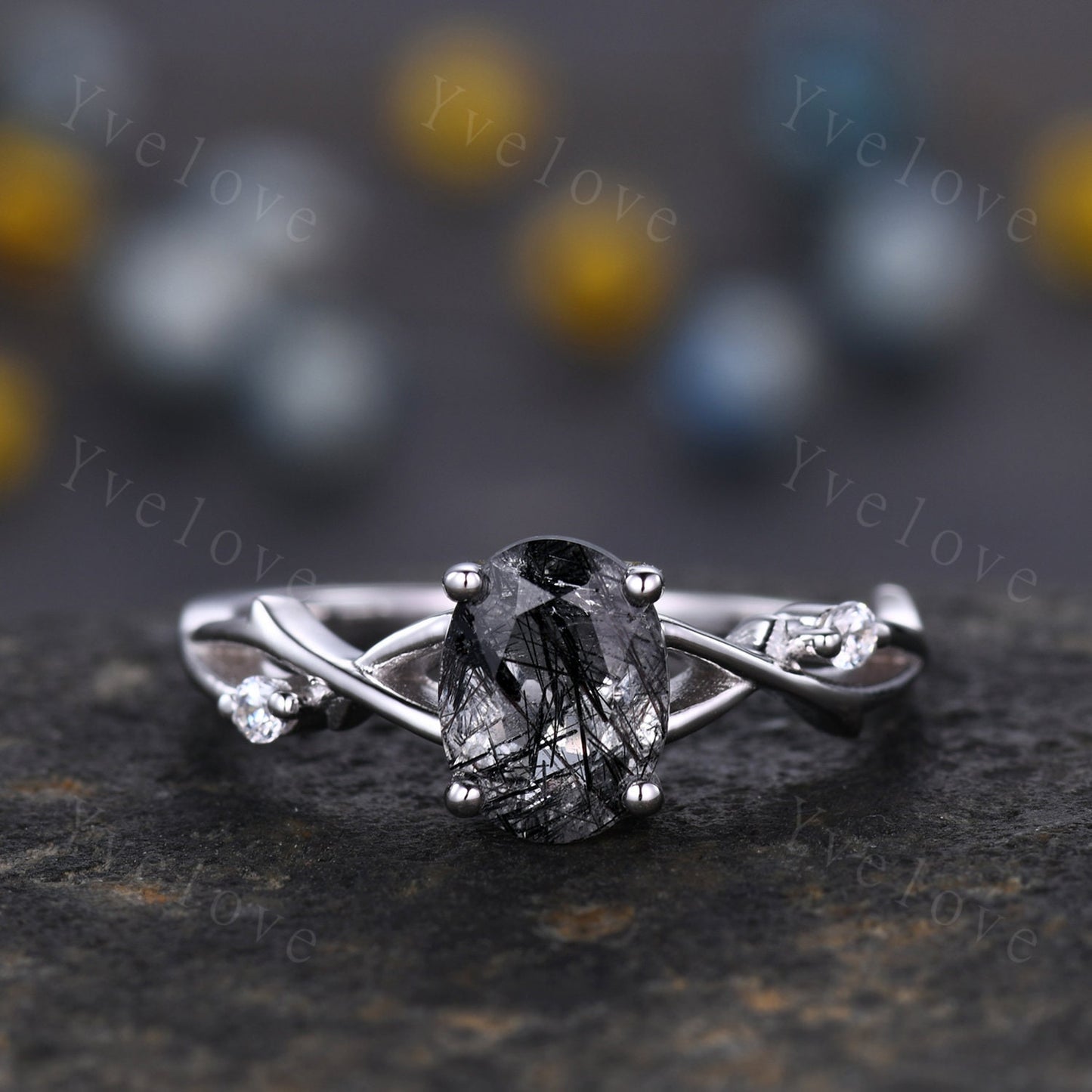 Twig Black Rutilated Quartz Engagement Ring Set,Oval Vintage Leaf Diamond Ring,Branch Ring Rose Gold,Twisted Ring Women Promise Bridal Set