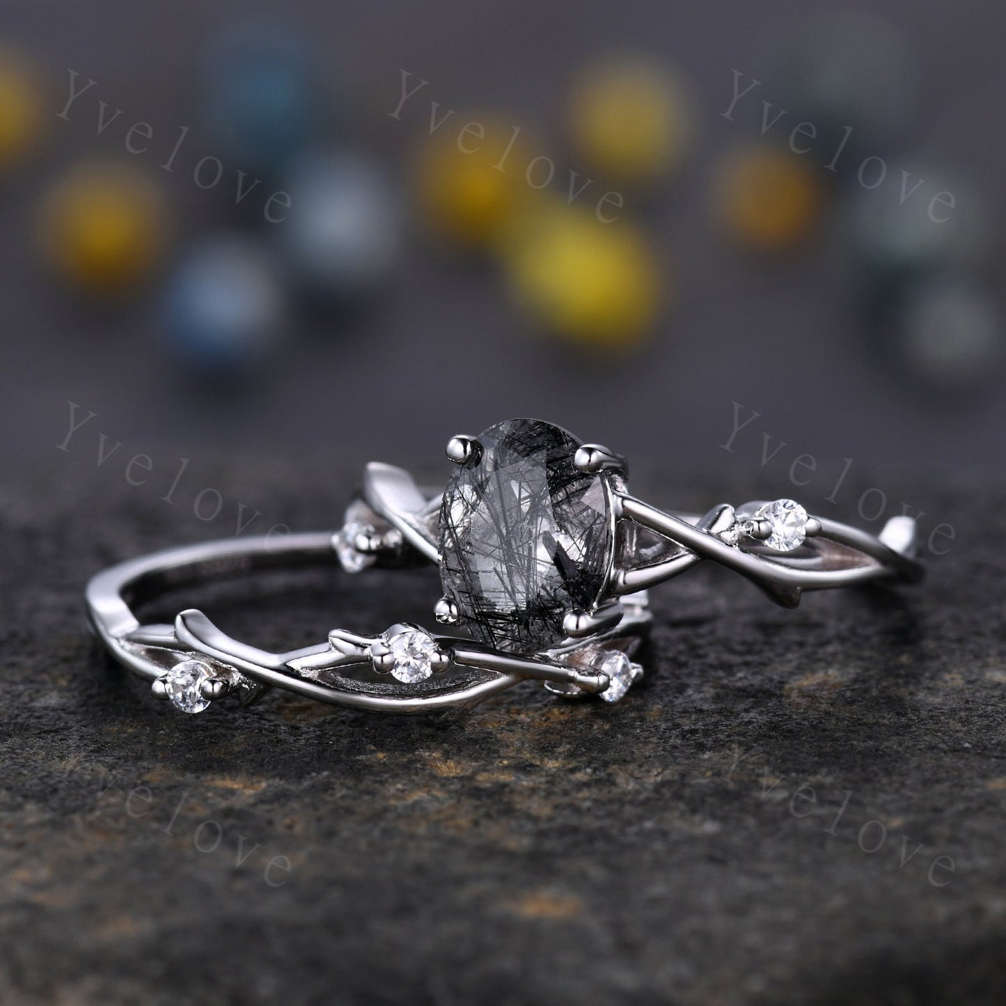Twig Black Rutilated Quartz Engagement Ring Set,Oval Vintage Leaf Diamond Ring,Branch Ring Rose Gold,Twisted Ring Women Promise Bridal Set