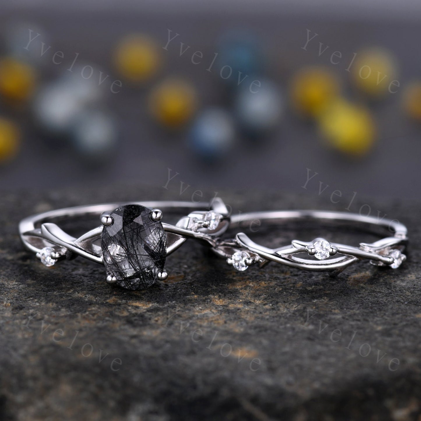 Twig Black Rutilated Quartz Engagement Ring Set,Oval Vintage Leaf Diamond Ring,Branch Ring Rose Gold,Twisted Ring Women Promise Bridal Set