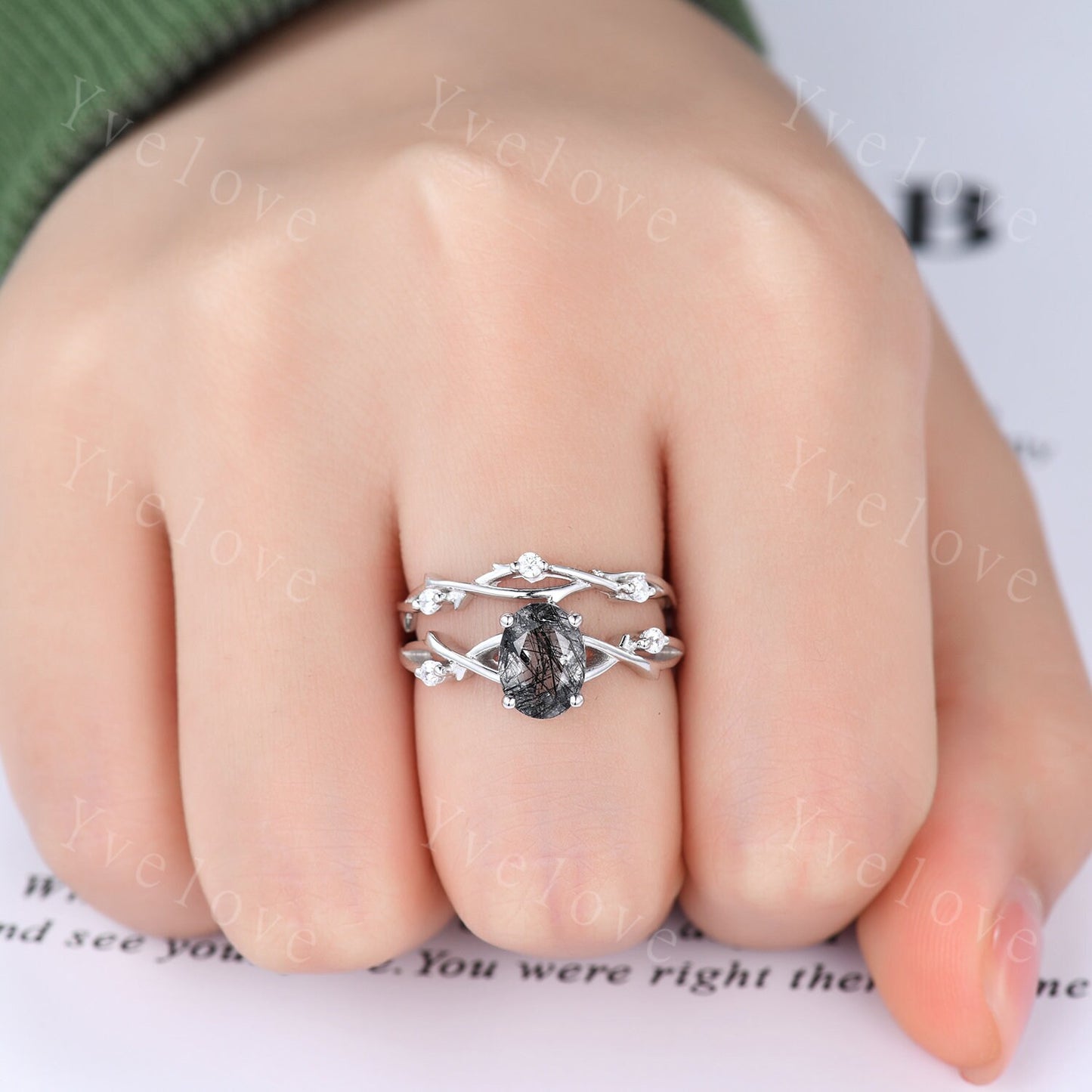 Twig Black Rutilated Quartz Engagement Ring Set,Oval Vintage Leaf Diamond Ring,Branch Ring Rose Gold,Twisted Ring Women Promise Bridal Set