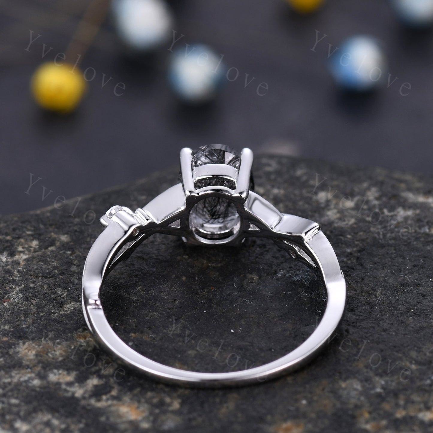 Twig Black Rutilated Quartz Engagement Ring,Oval Vintage Leaf Diamond Ring,Branch Ring,White Gold,Twisted Ring Women Promise Bridal Set Gift