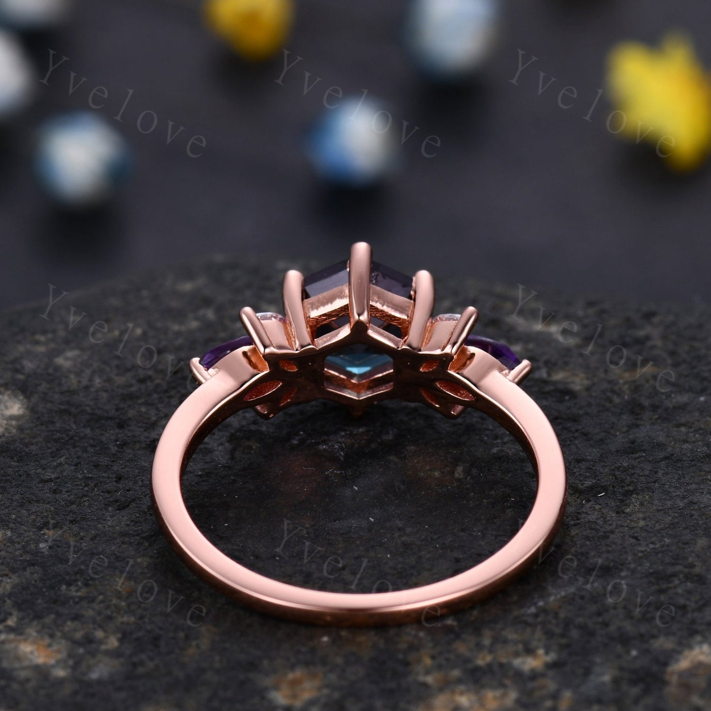 Vintage Hexagon Alexandrite Engagement Ring Set Rose Gold Women Moissanite Amethyst Gem Matching Band Promise Bridal Stacking Ring Set Gift