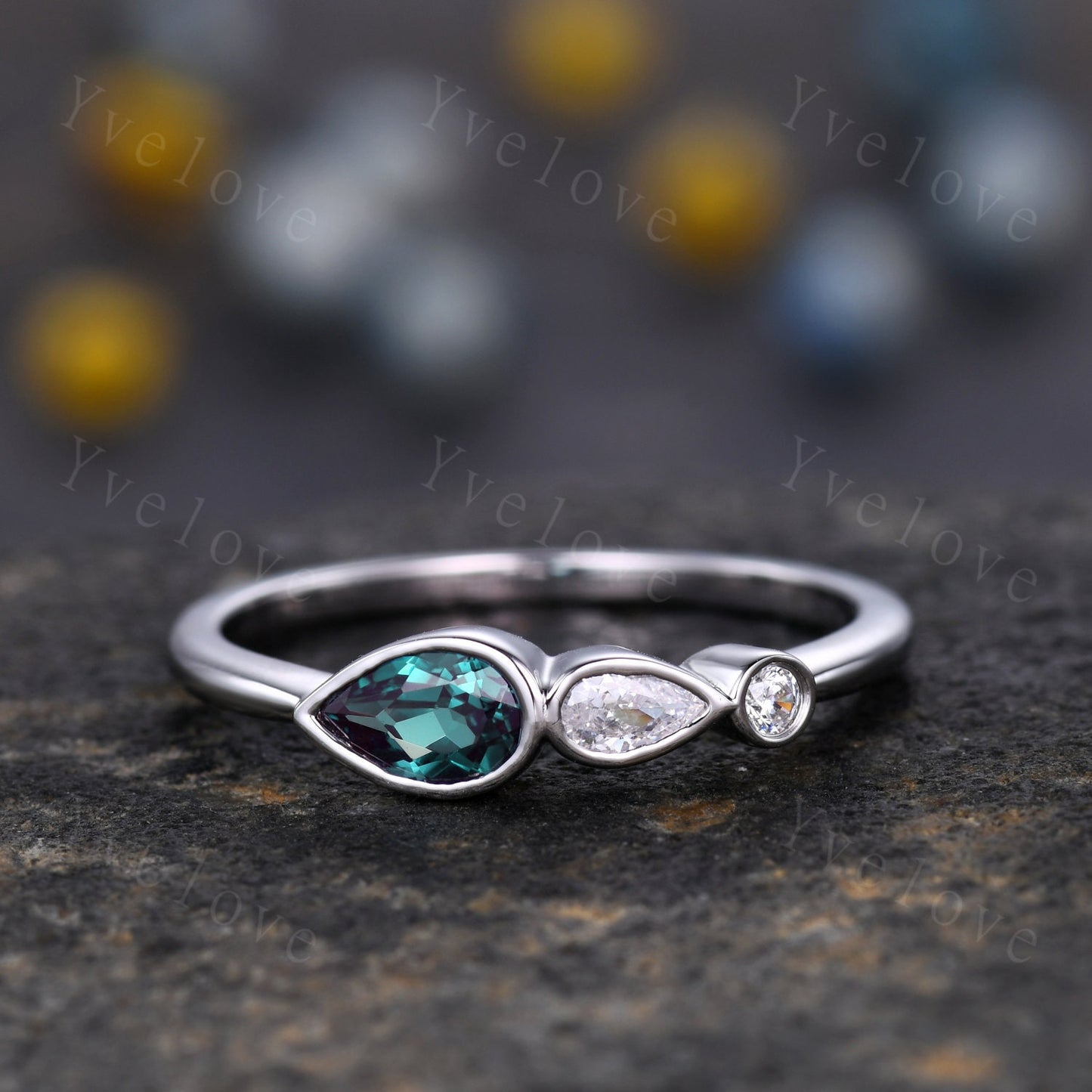 Vintage Alexandrite Engagement Ring,Bezel Set,Pear Cut Gem,Art Deco Moissanite Wedding Band,Unique Women Bridal Promise Ring,Sterling Silver